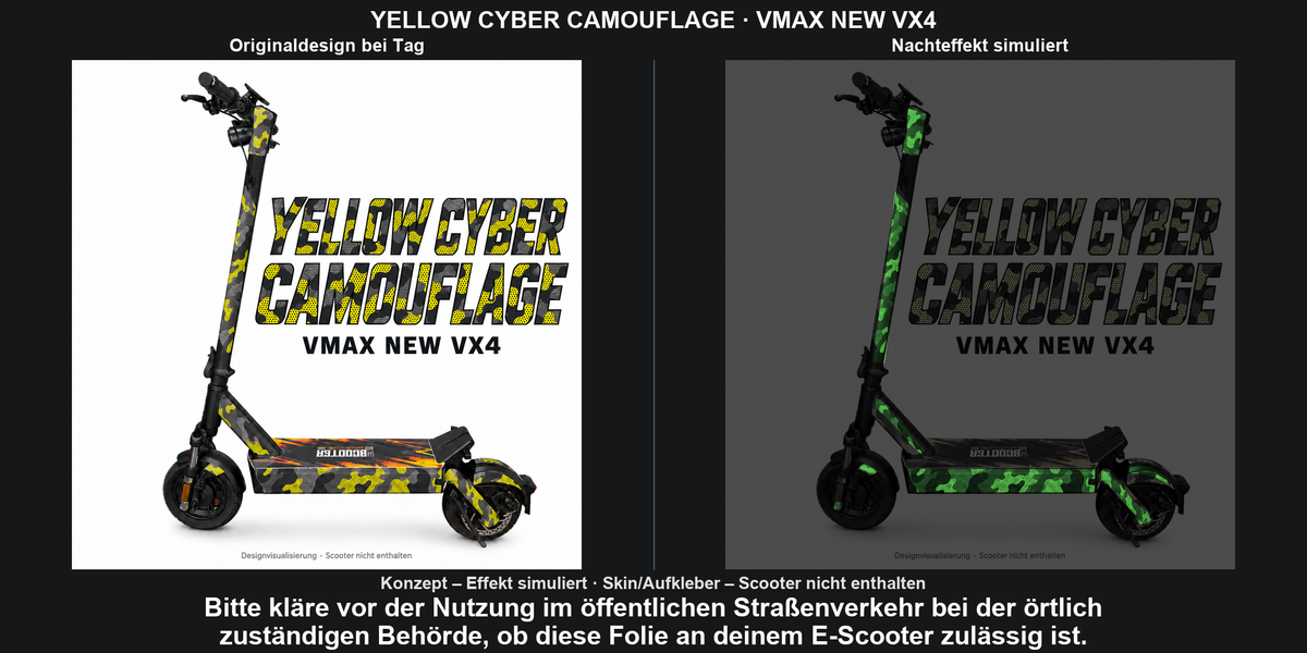 YELLOW CYBER CAMOUFLAGE · VMAX NEW VX4 – Original bei Tag und simulierter grüner Nachleuchteffekt; Effekt simuliert; Scooter nicht enthalten. Bitte kläre vor der Nutzung im öffentlichen Straßenverkehr bei der örtlich zuständigen Behörde, ob diese Folie an deinem E-Scooter zulässig ist.