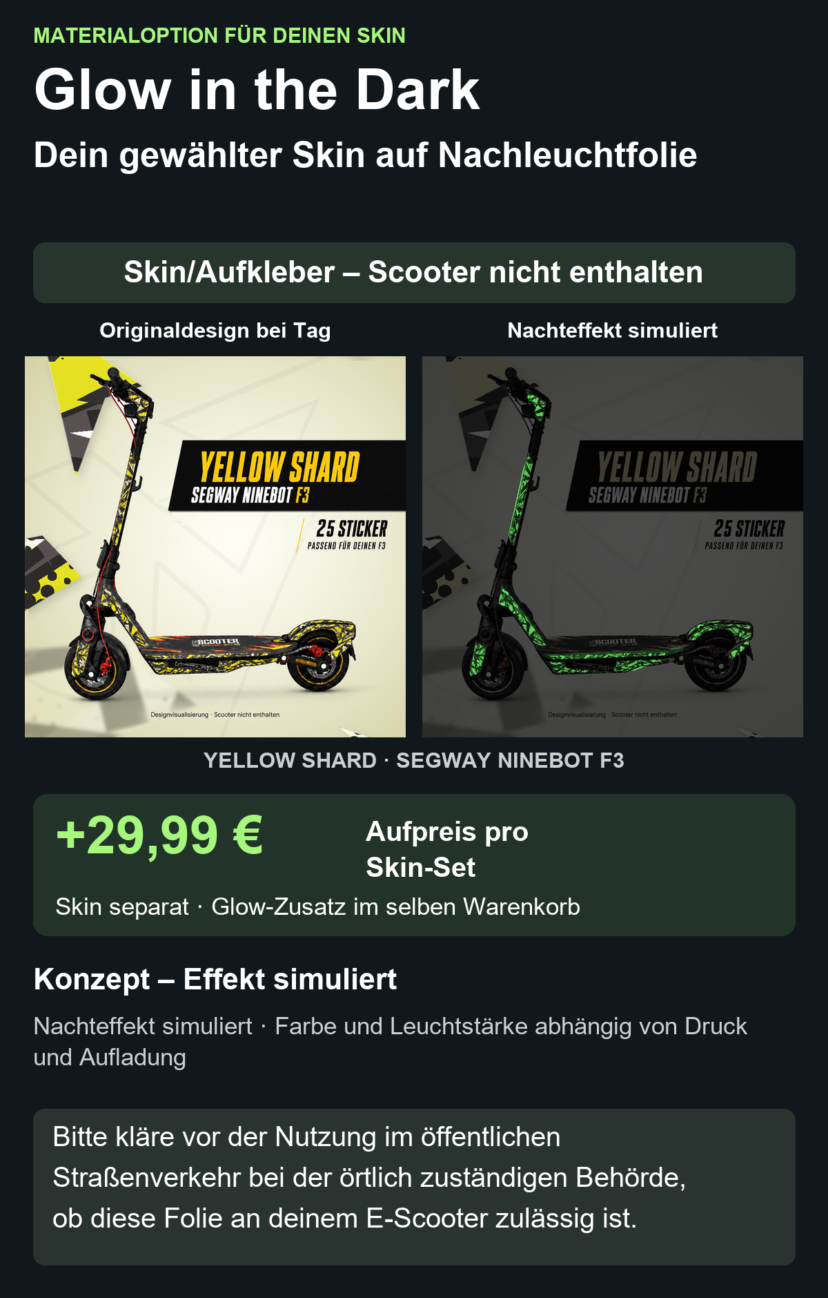 YELLOW SHARD · SEGWAY NINEBOT F3 – Glow Zusatzoption +29,99 €; Skin separat; Effekt simuliert; Scooter nicht enthalten. Bitte kläre vor der Nutzung im öffentlichen Straßenverkehr bei der örtlich zuständigen Behörde, ob diese Folie an deinem E-Scooter zulässig ist.