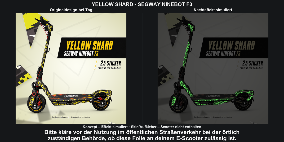 YELLOW SHARD · SEGWAY NINEBOT F3 – Original bei Tag und simulierter grüner Nachleuchteffekt; Effekt simuliert; Scooter nicht enthalten. Bitte kläre vor der Nutzung im öffentlichen Straßenverkehr bei der örtlich zuständigen Behörde, ob diese Folie an deinem E-Scooter zulässig ist.