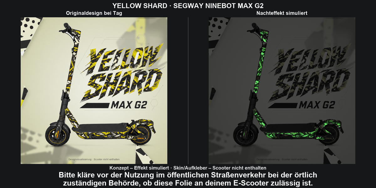 YELLOW SHARD · SEGWAY NINEBOT MAX G2 – Original bei Tag und simulierter grüner Nachleuchteffekt; Effekt simuliert; Scooter nicht enthalten. Bitte kläre vor der Nutzung im öffentlichen Straßenverkehr bei der örtlich zuständigen Behörde, ob diese Folie an deinem E-Scooter zulässig ist.