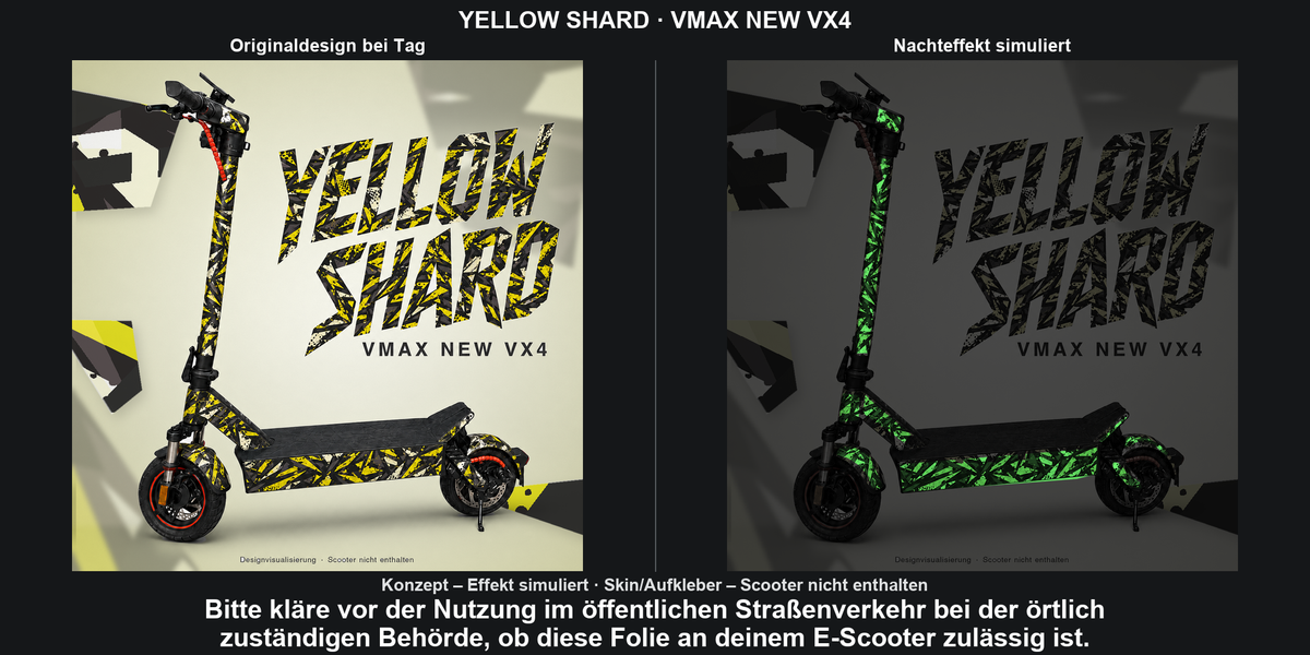 YELLOW SHARD · VMAX NEW VX4 – Original bei Tag und simulierter grüner Nachleuchteffekt; Effekt simuliert; Scooter nicht enthalten. Bitte kläre vor der Nutzung im öffentlichen Straßenverkehr bei der örtlich zuständigen Behörde, ob diese Folie an deinem E-Scooter zulässig ist.
