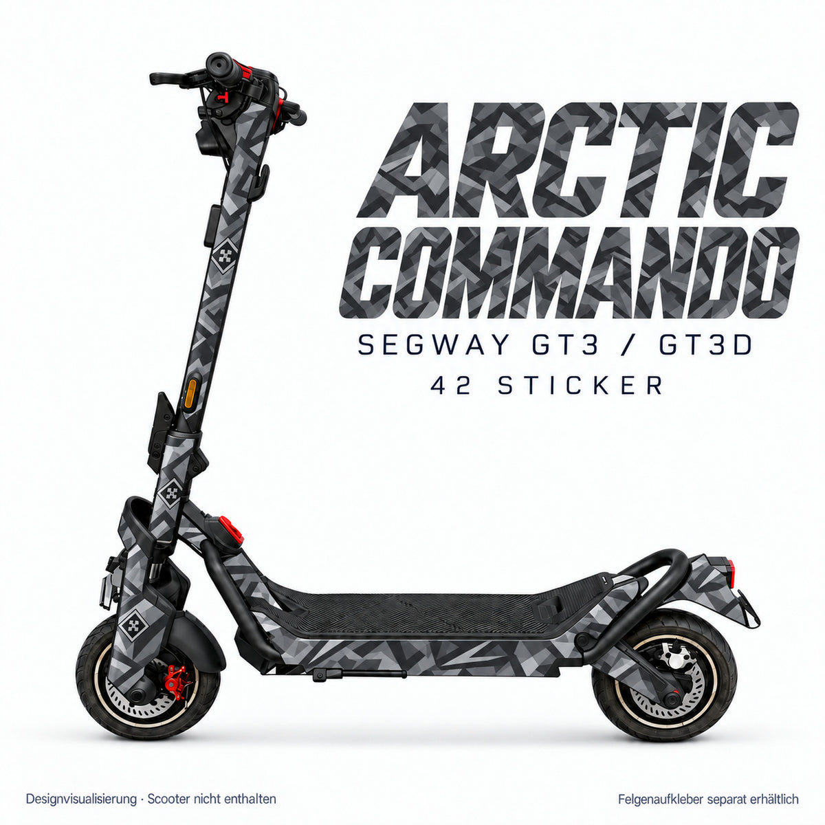 ARCTIC COMMANDO Skin am Segway GT3D – Designvisualisierung, Felgenaufkleber separat