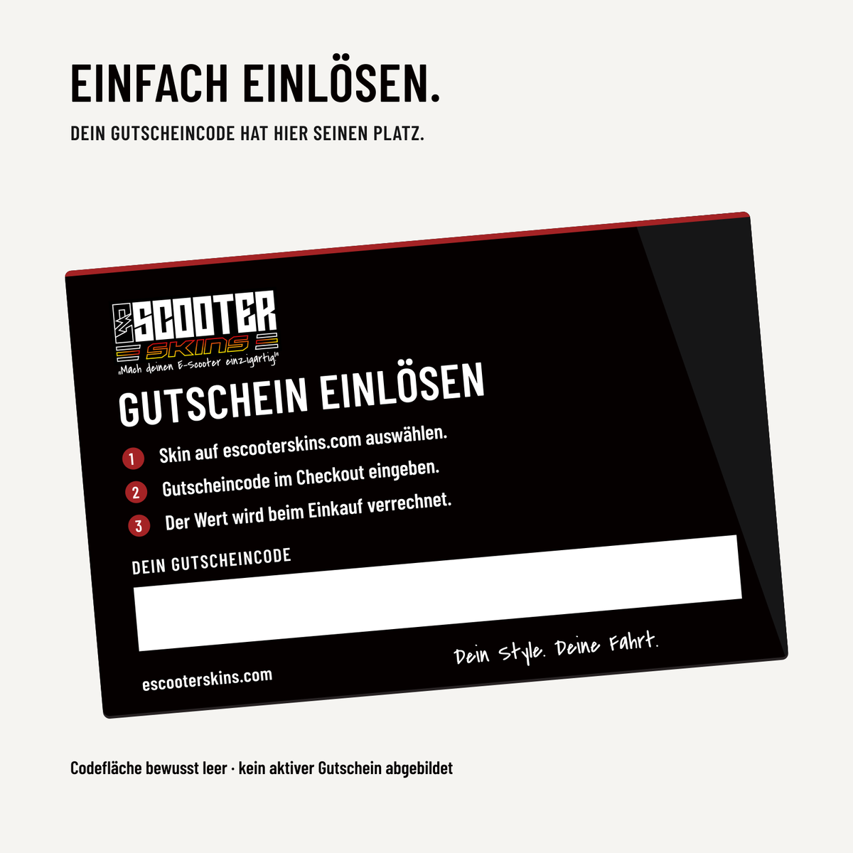 Rückseite der Escooter Skins Gutscheinkarte mit Einlöseanleitung und leerem Codefeld