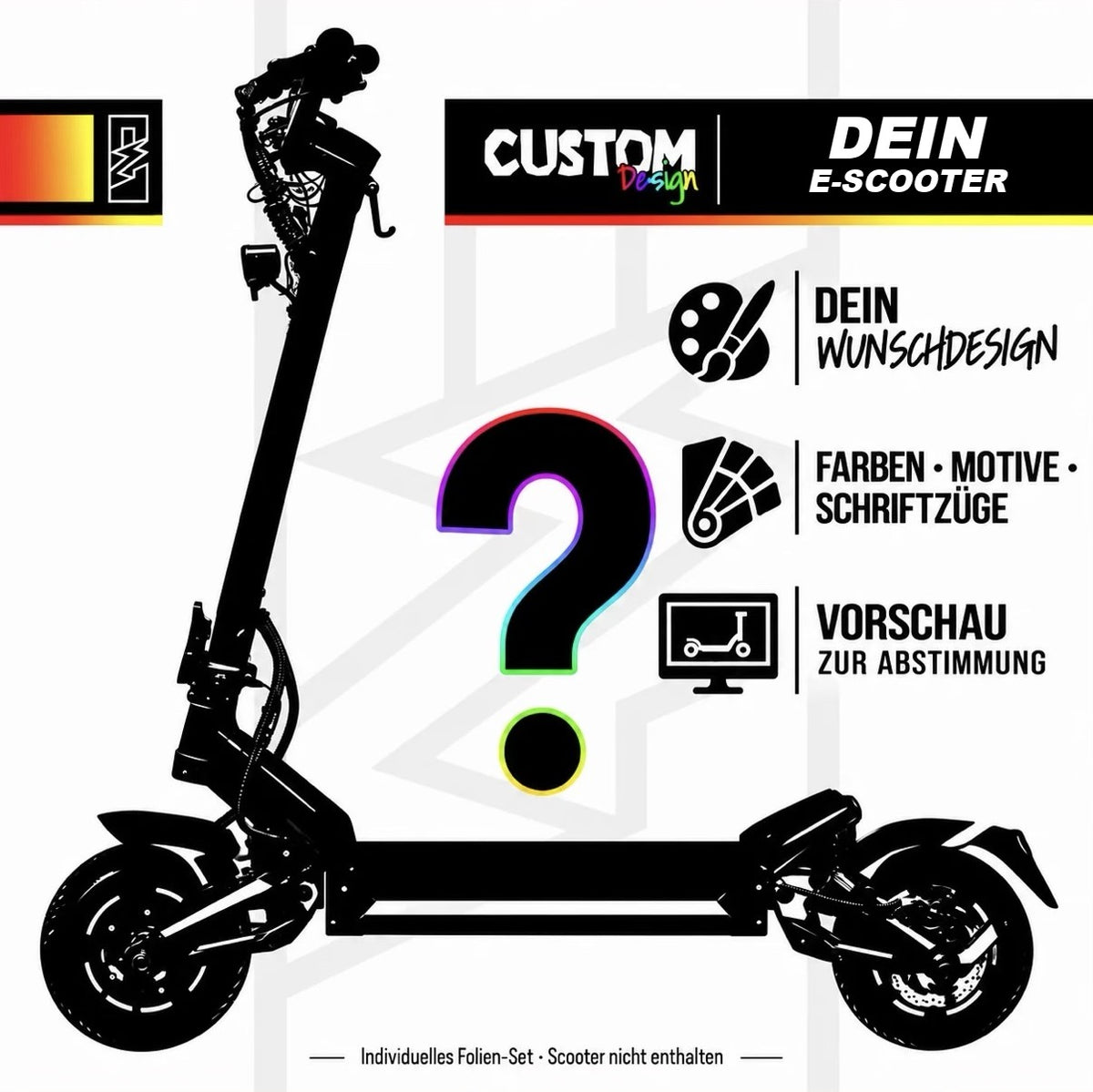 Custom design voor je e-step: silhouet met vraagteken – je wensontwerp met kleuren, motieven, letters en een preview ter afstemming