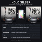 So funktioniert Holo Silber: dein Skin auf holografischer Silberfolie, Aufpreis 24,99 Euro pro Skin-Set, Lieferzeit ca. 2 Wochen. Visualisierung, Holo-Effekt simuliert, Scooter nicht enthalten.