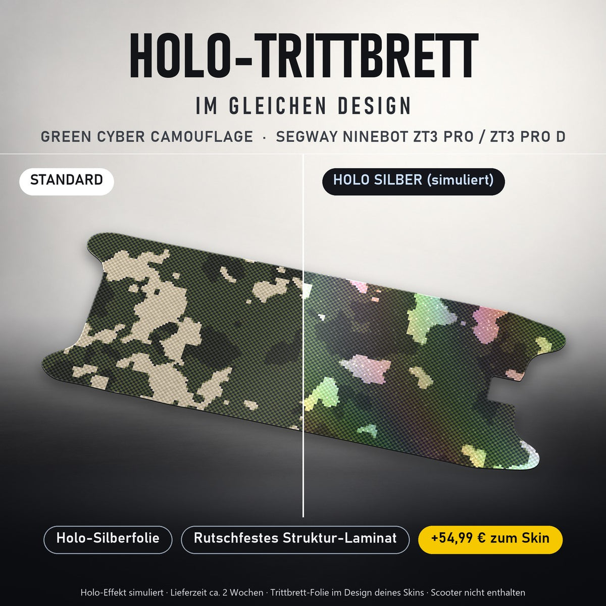 Holo-Trittbrett im gleichen Design – GREEN CYBER CAMOUFLAGE für SEGWAY NINEBOT ZT3 PRO / ZT3 PRO D, Holo-Effekt simuliert (+54,99 €)