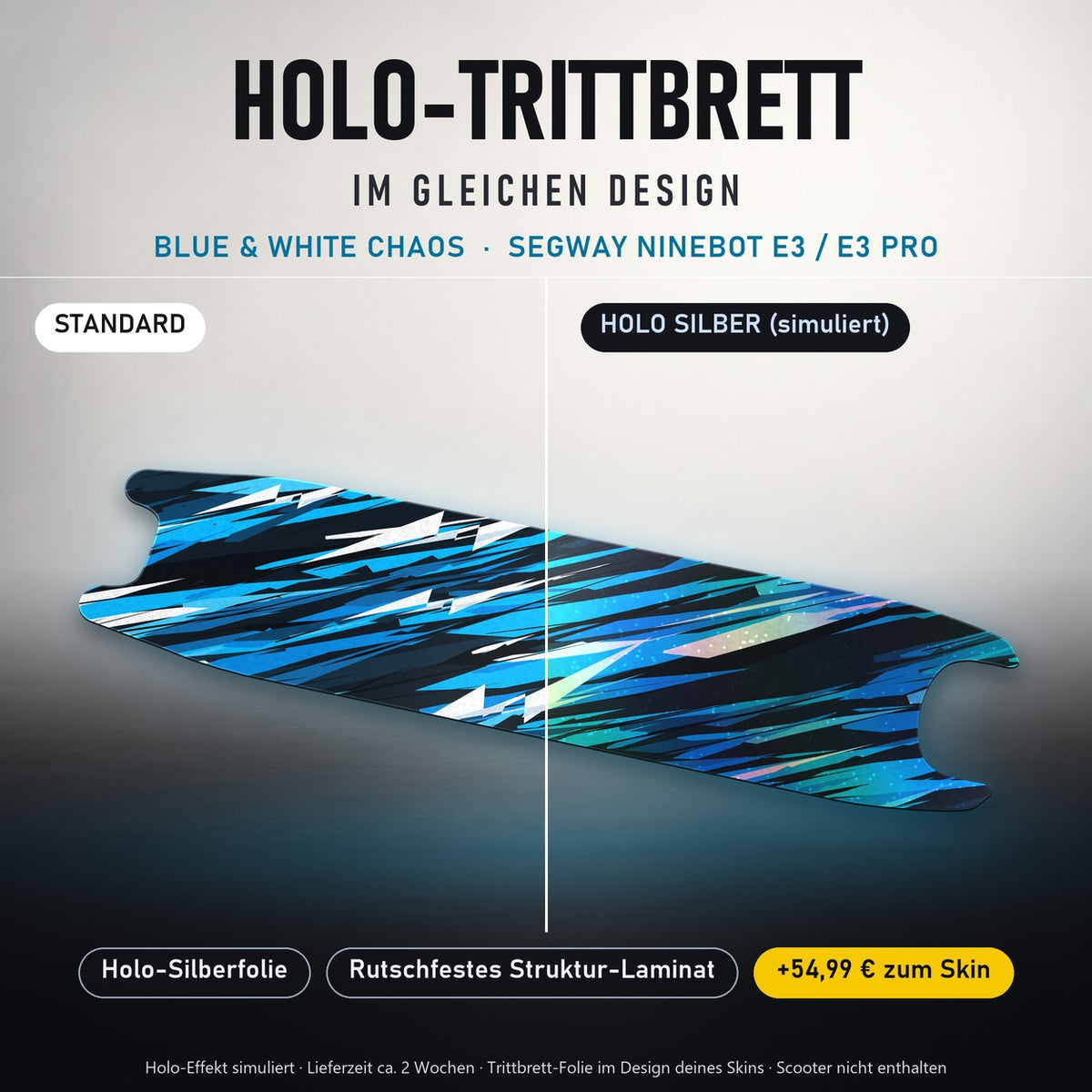 Holo-Trittbrett im gleichen Design – BLUE & WHITE CHAOS für SEGWAY NINEBOT E3 / E3 PRO, Holo-Effekt simuliert (+54,99 €)