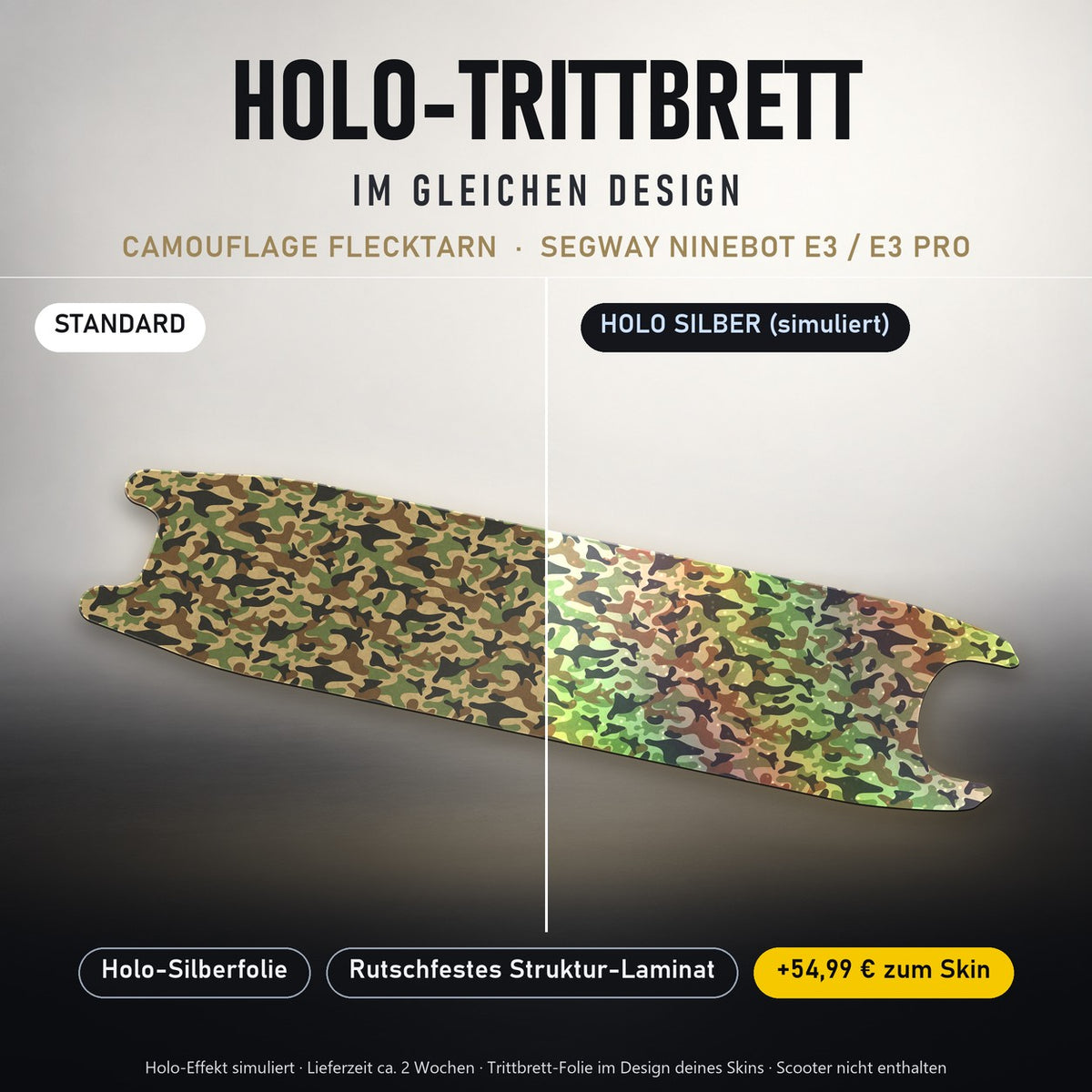 Holo-Trittbrett im gleichen Design – CAMOUFLAGE FLECKTARN für SEGWAY NINEBOT E3 / E3 PRO, Holo-Effekt simuliert (+54,99 €)