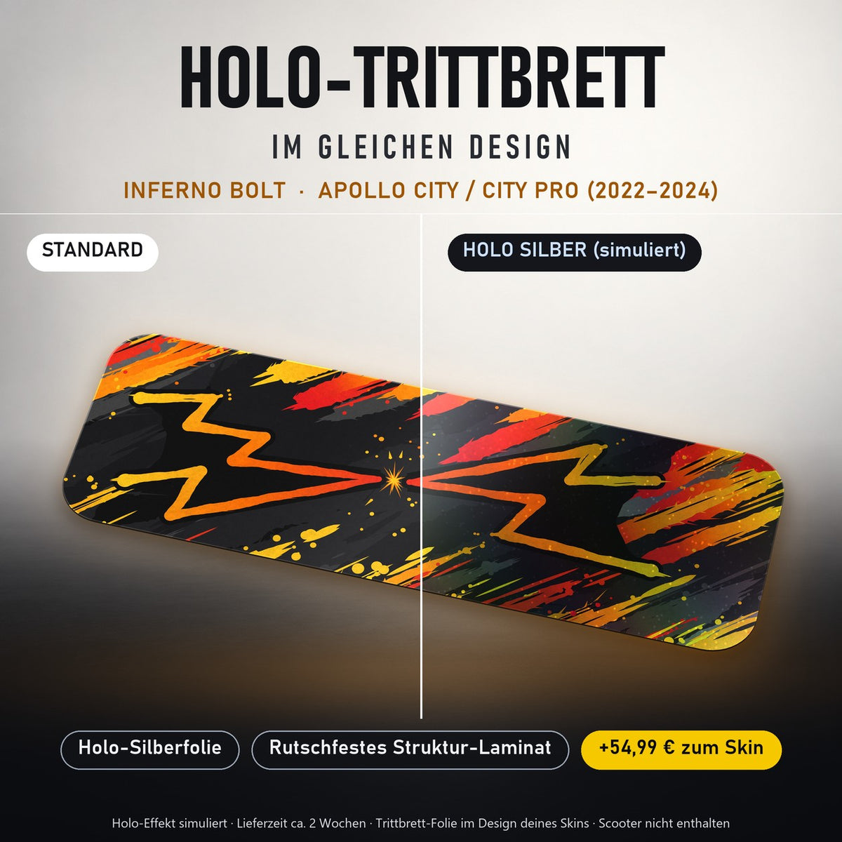 Holo-Trittbrett im gleichen Design – INFERNO BOLT für APOLLO CITY / CITY PRO (2022–2024), Holo-Effekt simuliert (+54,99 €)