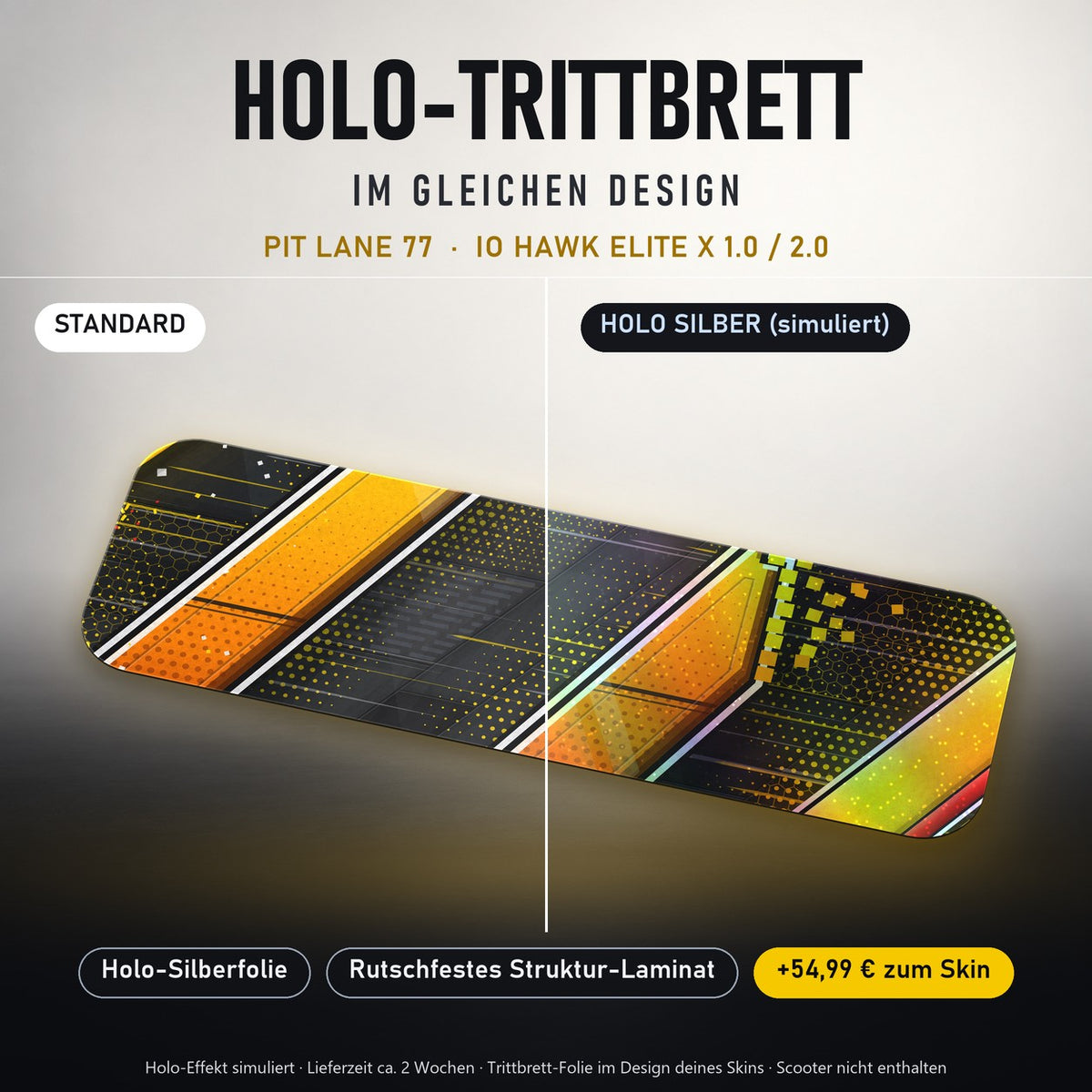 Holo-Trittbrett im gleichen Design – PIT LANE 77 für IO HAWK ELITE X 1.0 / 2.0, Holo-Effekt simuliert (+54,99 €)