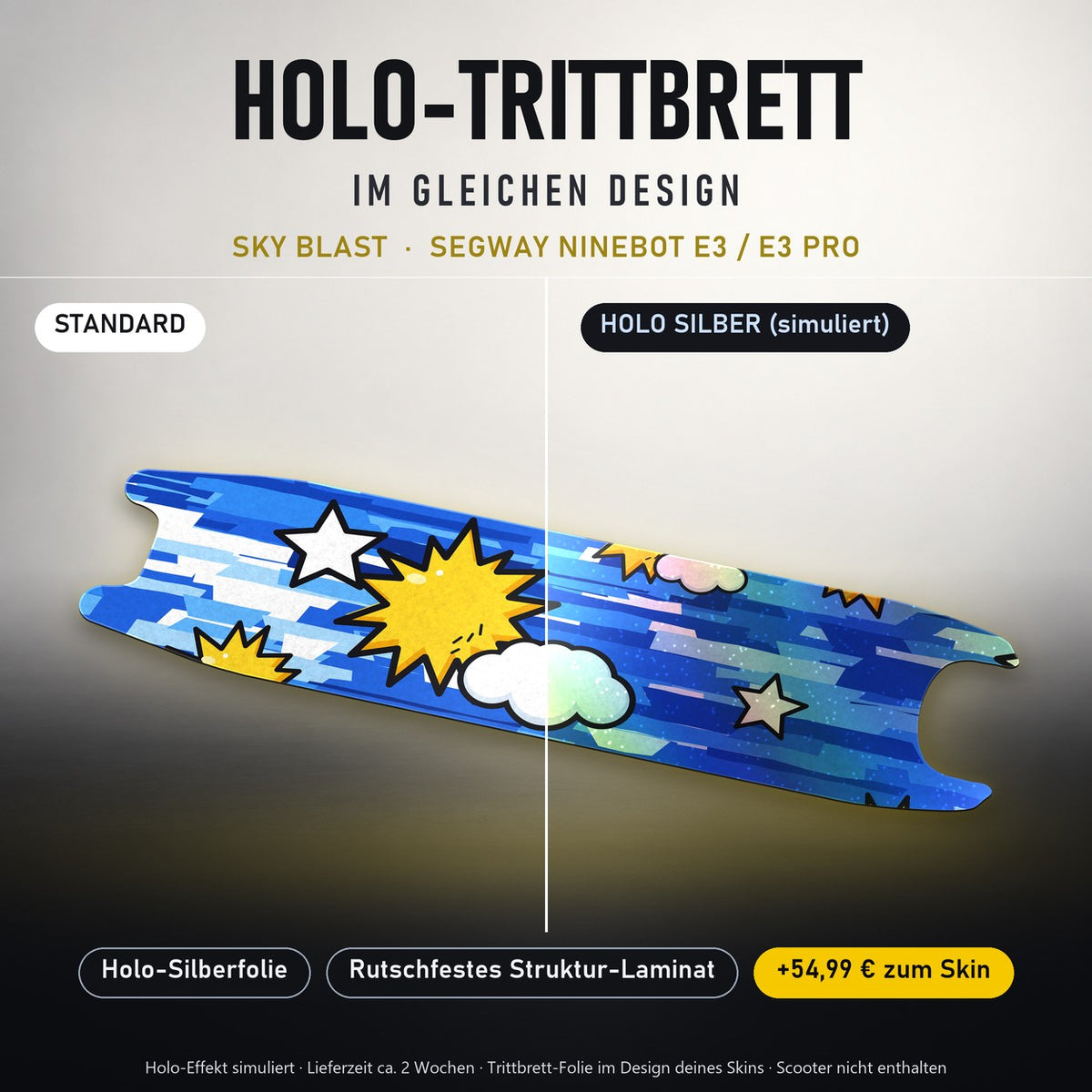 Holo-Trittbrett im gleichen Design – SKY BLAST für SEGWAY NINEBOT E3 / E3 PRO, Holo-Effekt simuliert (+54,99 €)