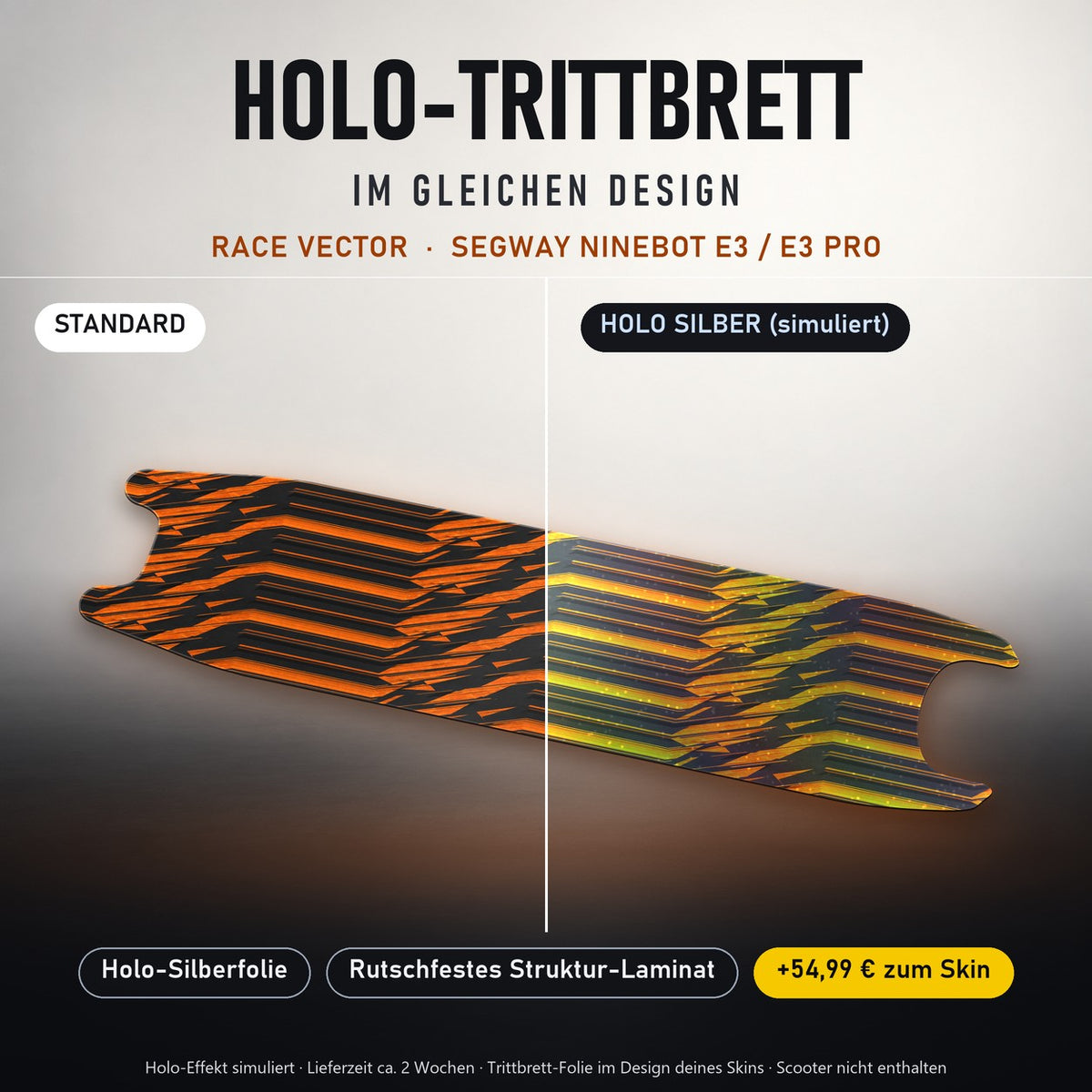 Holo-Trittbrett im gleichen Design – RACE VECTOR für SEGWAY NINEBOT E3 / E3 PRO, Holo-Effekt simuliert (+54,99 €)