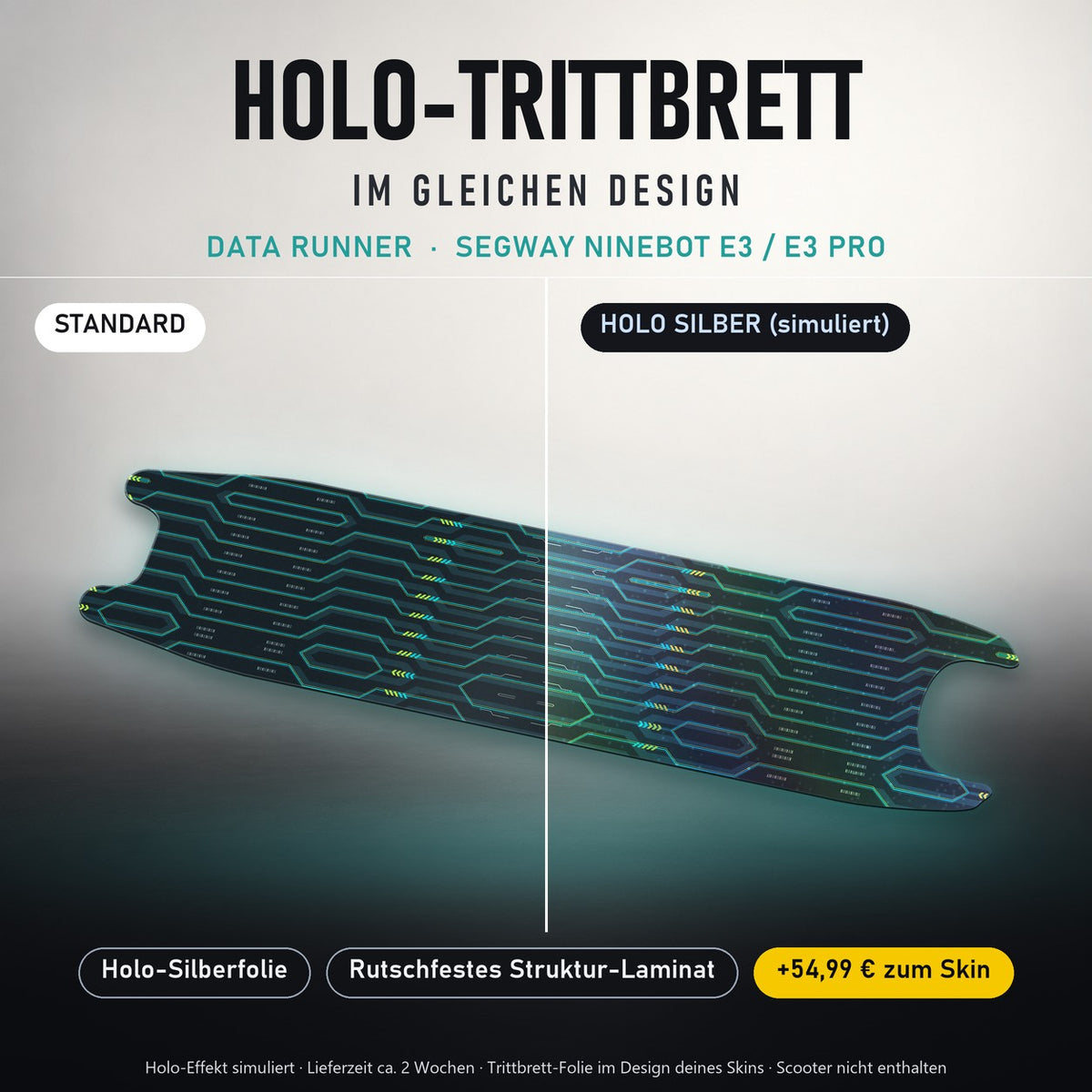 Holo-Trittbrett im gleichen Design – DATA RUNNER für SEGWAY NINEBOT E3 / E3 PRO, Holo-Effekt simuliert (+54,99 €)