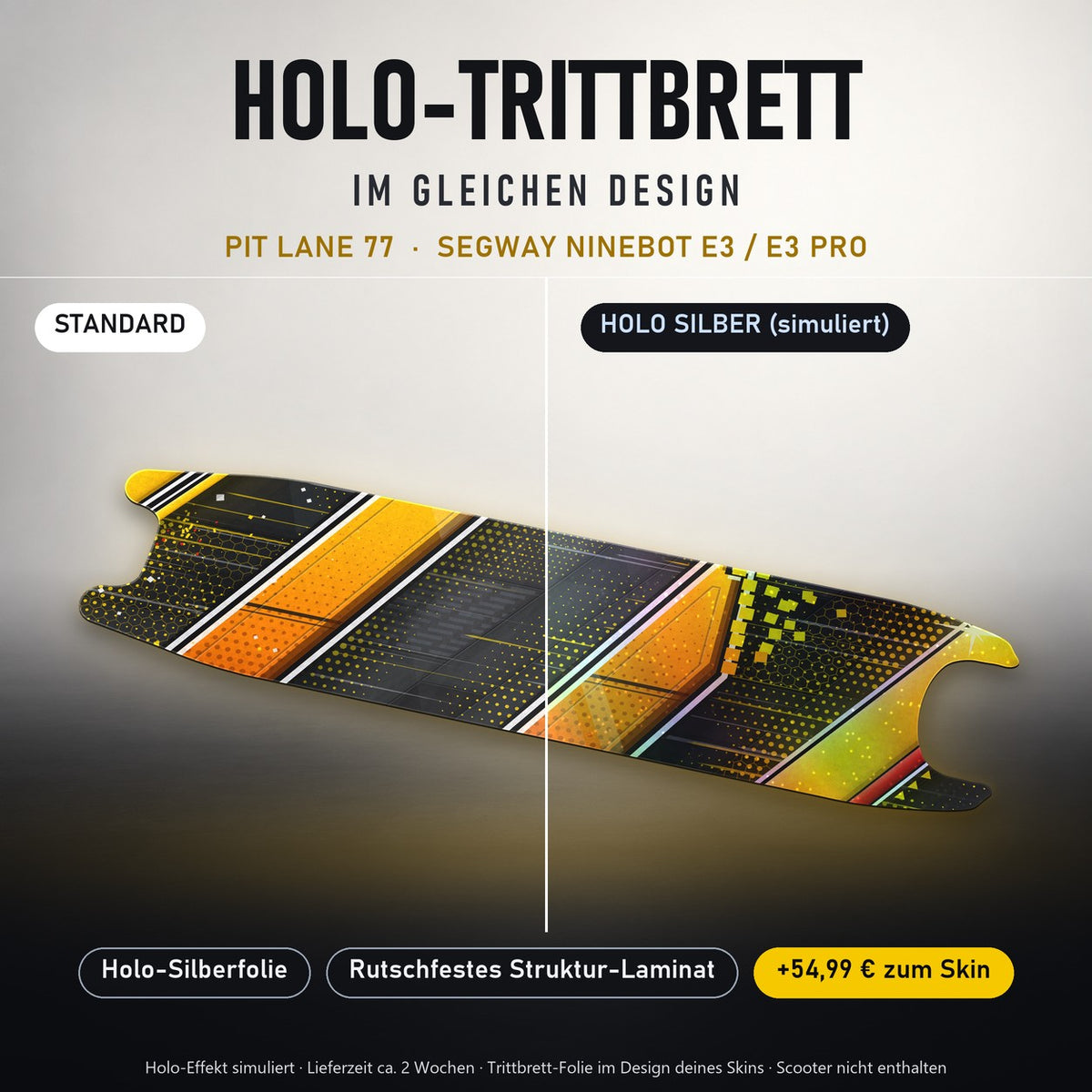 Holo-Trittbrett im gleichen Design – PIT LANE 77 für SEGWAY NINEBOT E3 / E3 PRO, Holo-Effekt simuliert (+54,99 €)