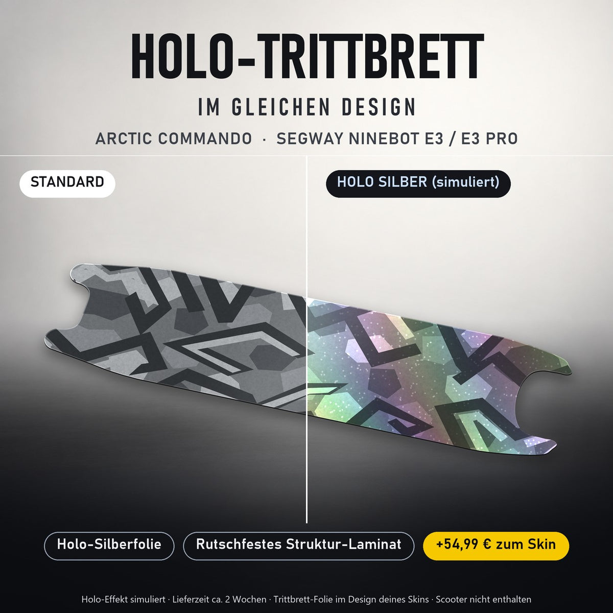 Holo-Trittbrett im gleichen Design – ARCTIC COMMANDO für SEGWAY NINEBOT E3 / E3 PRO, Holo-Effekt simuliert (+54,99 €)