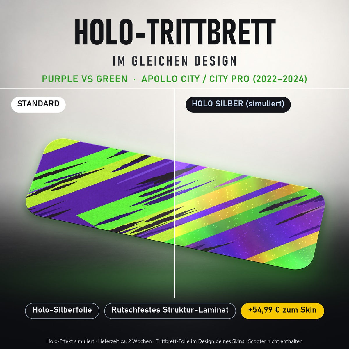Holo-Trittbrett im gleichen Design – PURPLE VS GREEN für APOLLO CITY / CITY PRO (2022–2024), Holo-Effekt simuliert (+54,99 €)