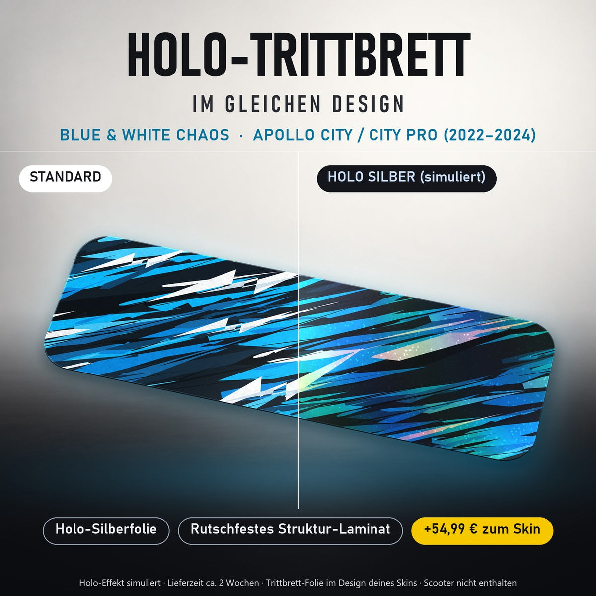 Holo-Trittbrett im gleichen Design – BLUE & WHITE CHAOS für APOLLO CITY / CITY PRO (2022–2024), Holo-Effekt simuliert (+54,99 €)