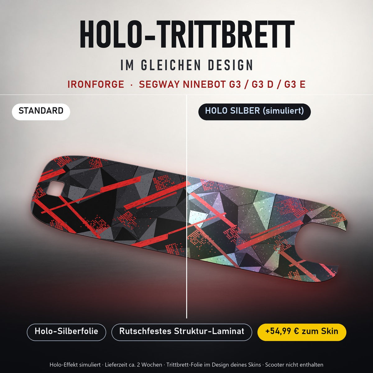 Holo-Trittbrett im gleichen Design – IRONFORGE für SEGWAY NINEBOT G3 / G3 D / G3 E, Holo-Effekt simuliert (+54,99 €)
