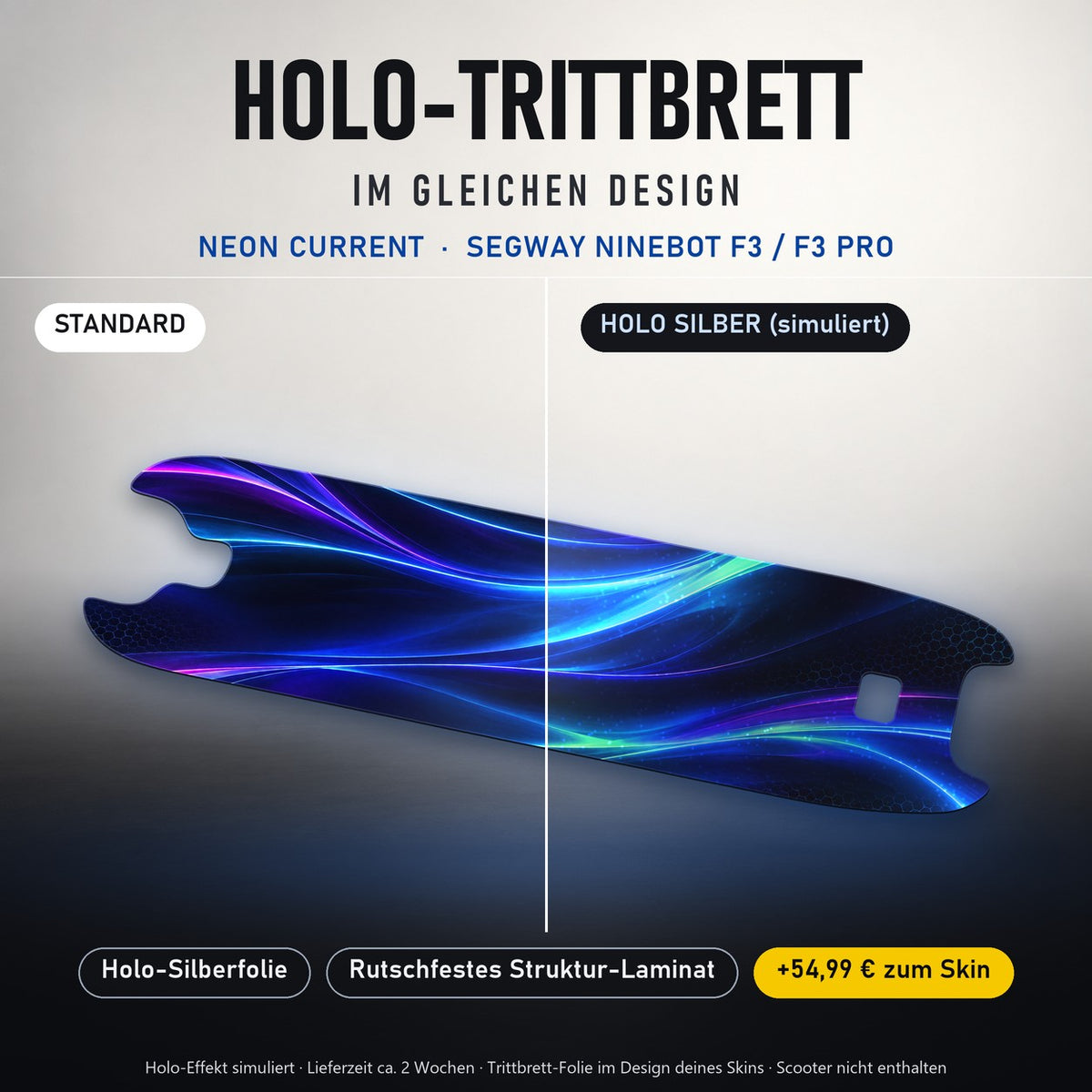 Holo-Trittbrett im gleichen Design – NEON CURRENT für SEGWAY NINEBOT F3 / F3 PRO, Holo-Effekt simuliert (+54,99 €)
