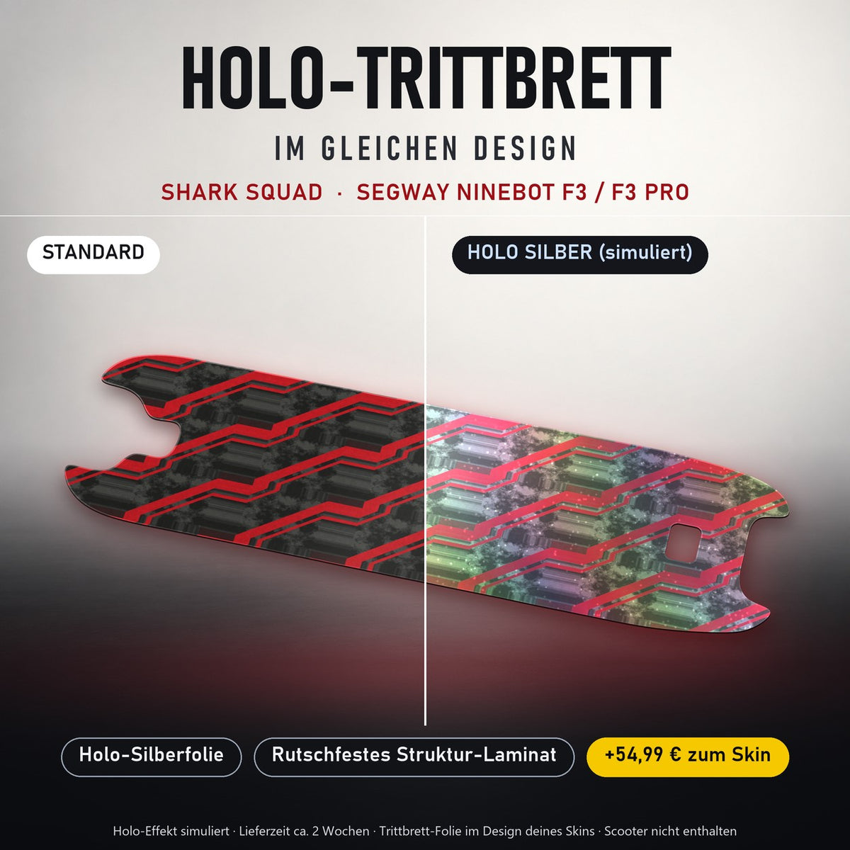 Holo-Trittbrett im gleichen Design – SHARK SQUAD für SEGWAY NINEBOT F3 / F3 PRO, Holo-Effekt simuliert (+54,99 €)