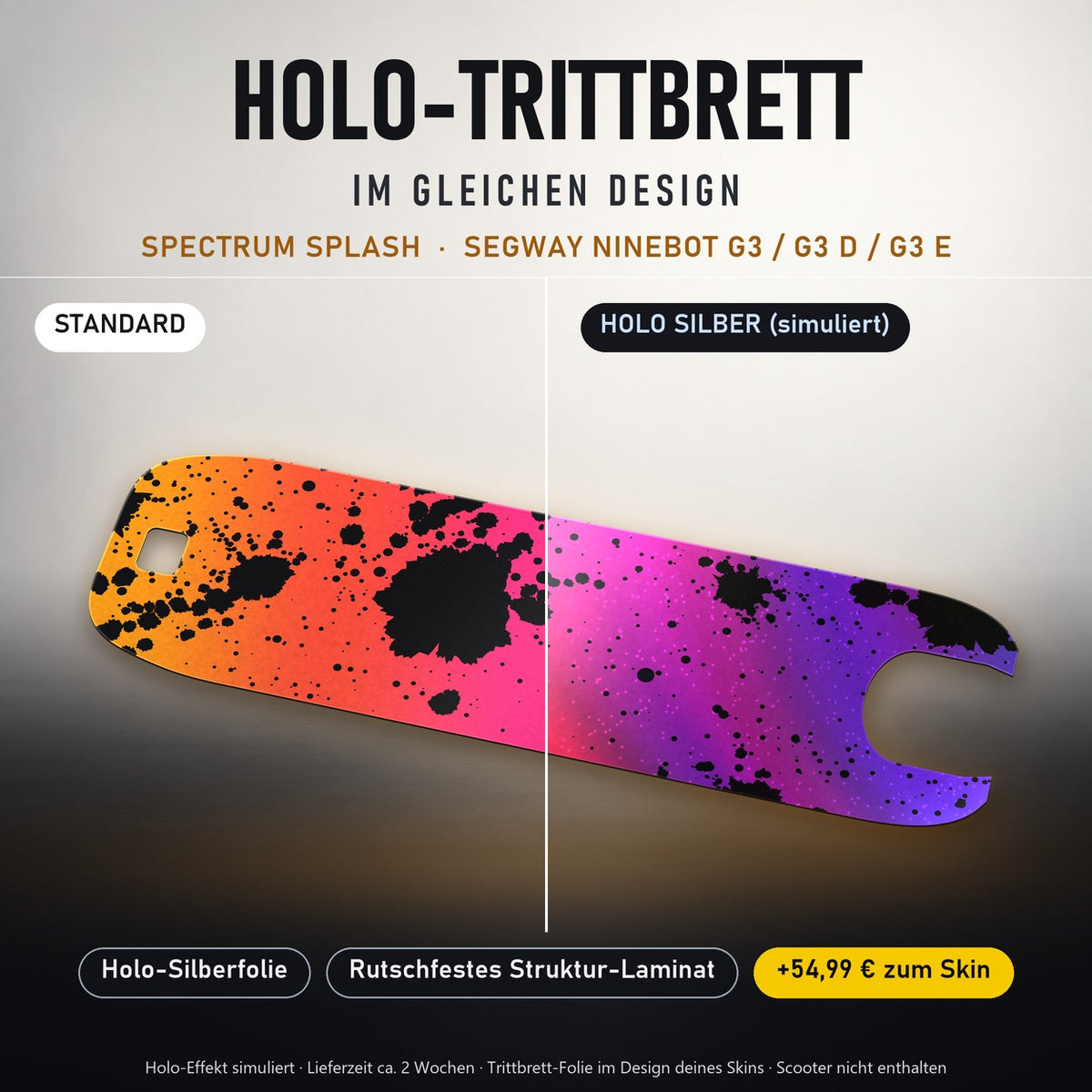 Holo-Trittbrett im gleichen Design – SPECTRUM SPLASH für SEGWAY NINEBOT G3 / G3 D / G3 E, Holo-Effekt simuliert (+54,99 €)