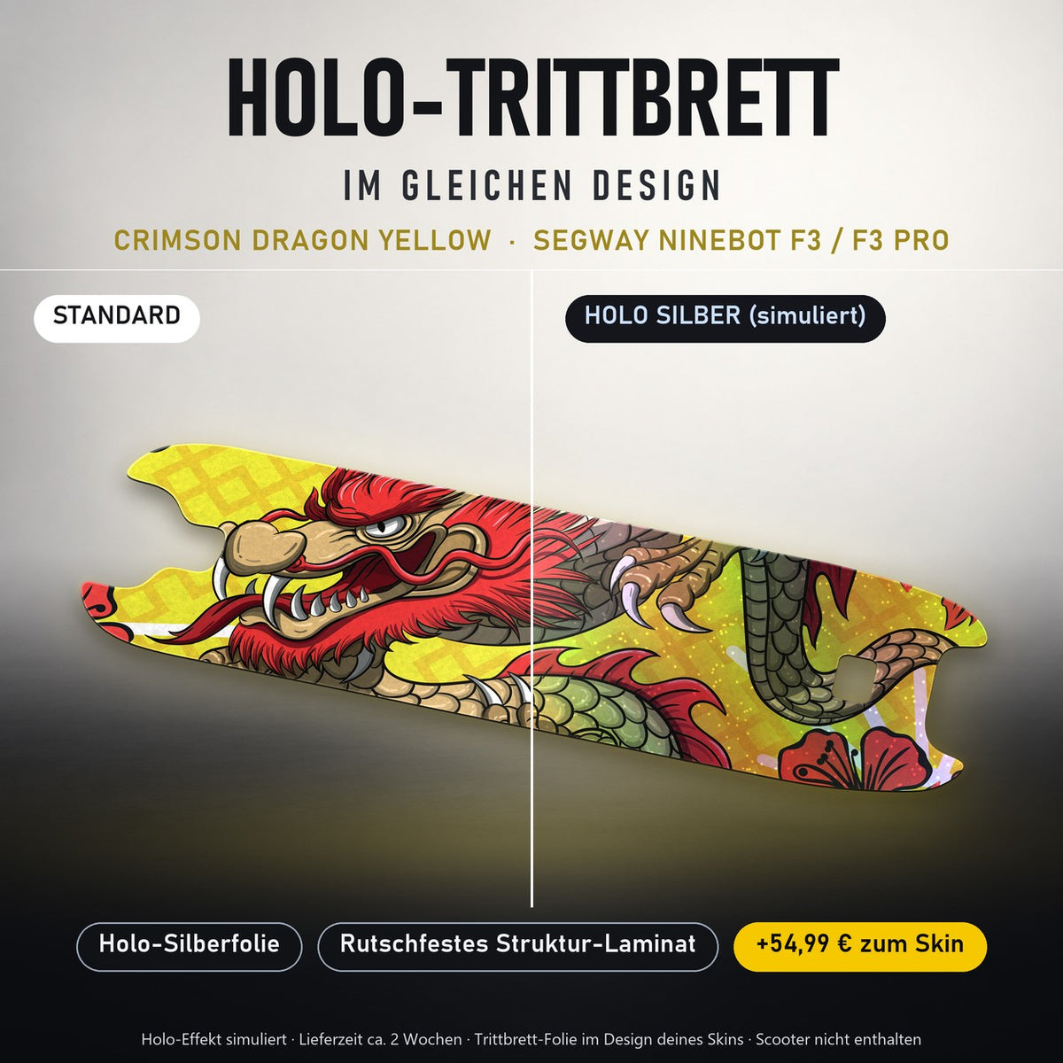 Holo-Trittbrett im gleichen Design – CRIMSON DRAGON YELLOW für SEGWAY NINEBOT F3 / F3 PRO, Holo-Effekt simuliert (+54,99 €)