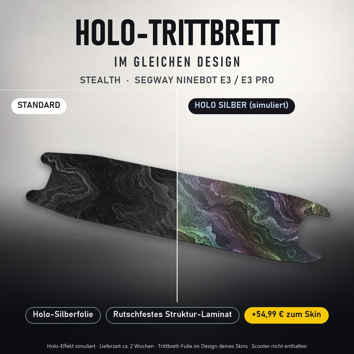 Holo-Trittbrett im gleichen Design – STEALTH für SEGWAY NINEBOT E3 / E3 PRO, Holo-Effekt simuliert (+54,99 €)