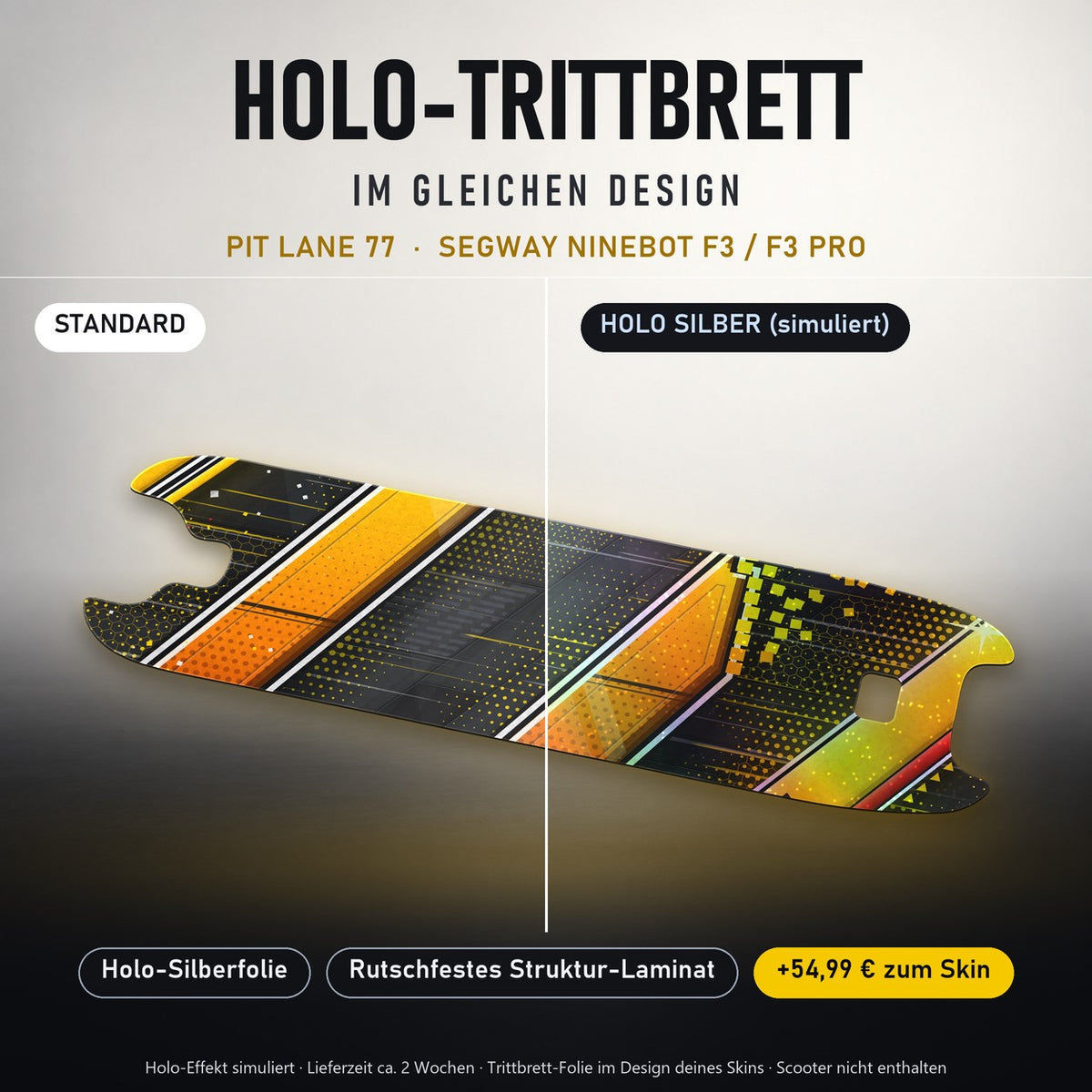 Holo-Trittbrett im gleichen Design – PIT LANE 77 für SEGWAY NINEBOT F3 / F3 PRO, Holo-Effekt simuliert (+54,99 €)