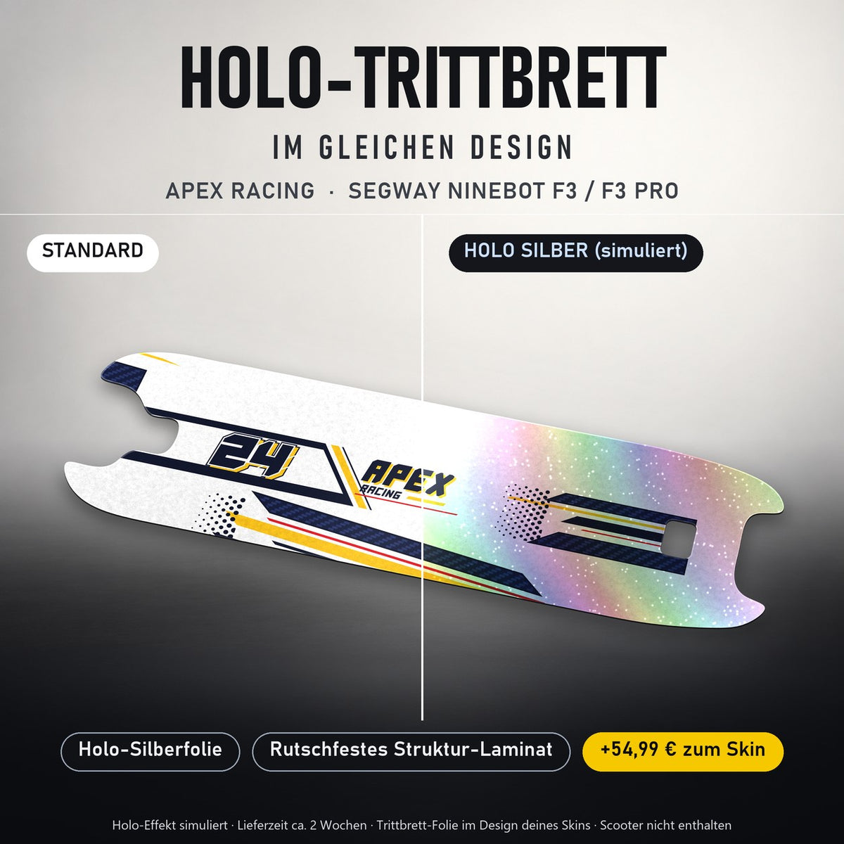 Holo-Trittbrett im gleichen Design – APEX RACING für SEGWAY NINEBOT F3 / F3 PRO, Holo-Effekt simuliert (+54,99 €)