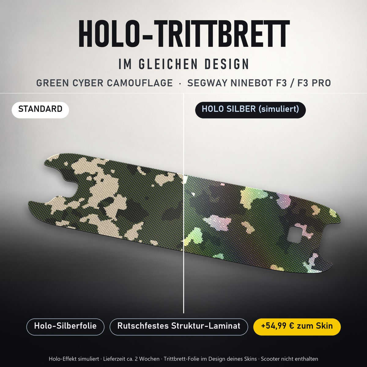 Holo-Trittbrett im gleichen Design – GREEN CYBER CAMOUFLAGE für SEGWAY NINEBOT F3 / F3 PRO, Holo-Effekt simuliert (+54,99 €)