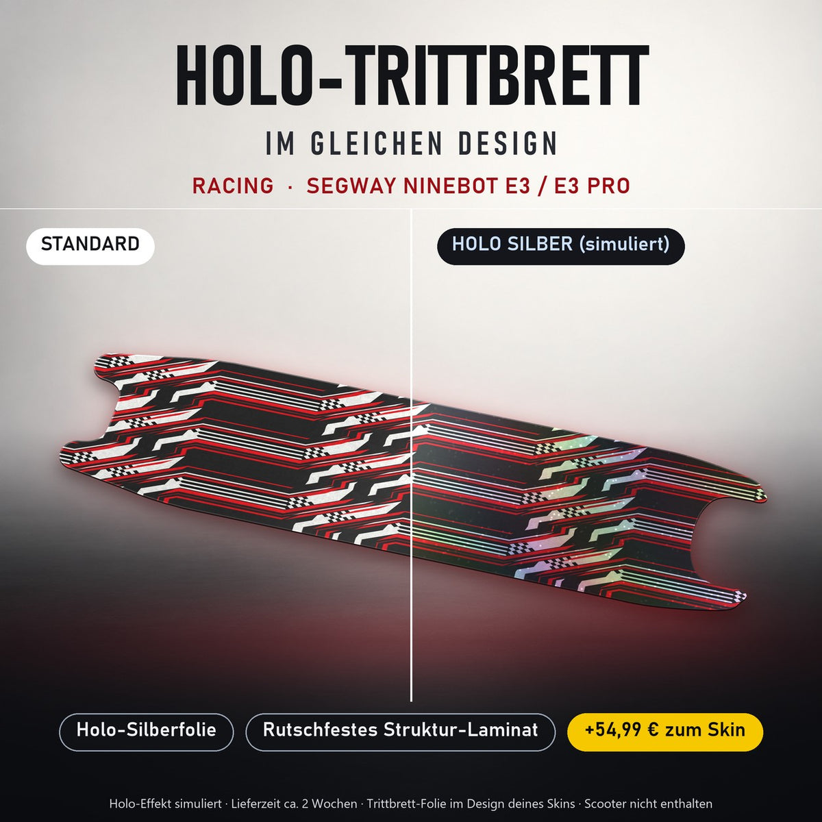 Holo-Trittbrett im gleichen Design – RACING für SEGWAY NINEBOT E3 / E3 PRO, Holo-Effekt simuliert (+54,99 €)