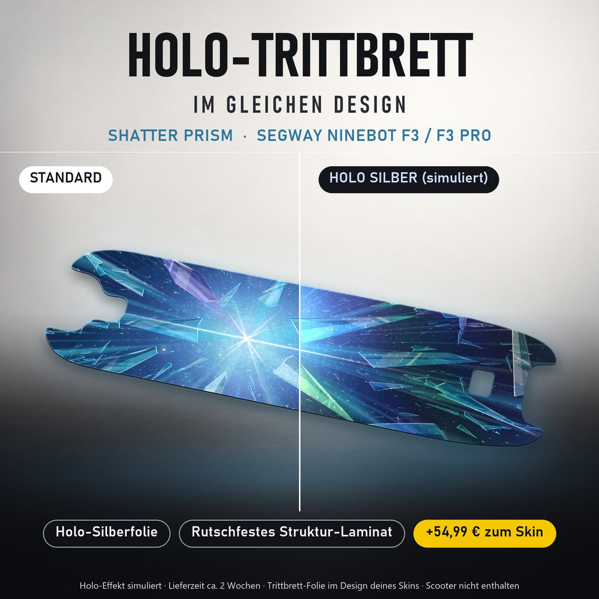Holo-Trittbrett im gleichen Design – SHATTER PRISM für SEGWAY NINEBOT F3 / F3 PRO, Holo-Effekt simuliert (+54,99 €)