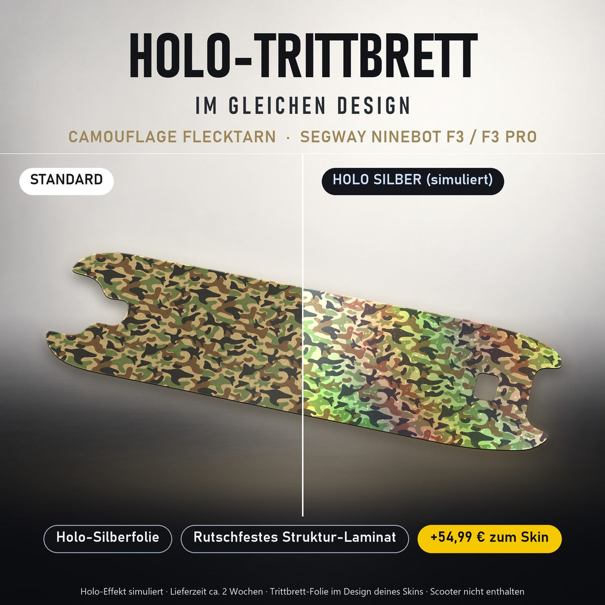 Holo-Trittbrett im gleichen Design – CAMOUFLAGE FLECKTARN für SEGWAY NINEBOT F3 / F3 PRO, Holo-Effekt simuliert (+54,99 €)