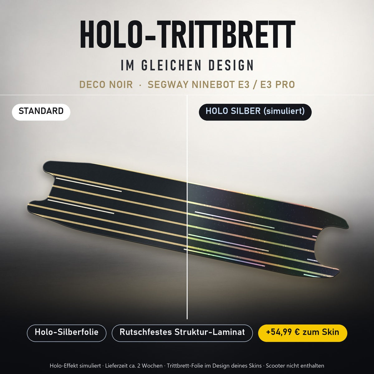 Holo-Trittbrett im gleichen Design – DECO NOIR für SEGWAY NINEBOT E3 / E3 PRO, Holo-Effekt simuliert (+54,99 €)