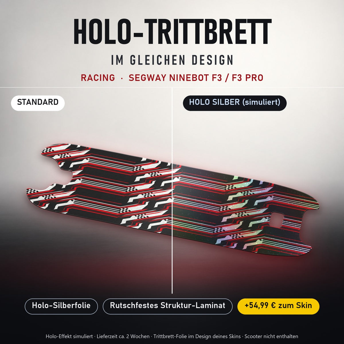Holo-Trittbrett im gleichen Design – RACING für SEGWAY NINEBOT F3 / F3 PRO, Holo-Effekt simuliert (+54,99 €)