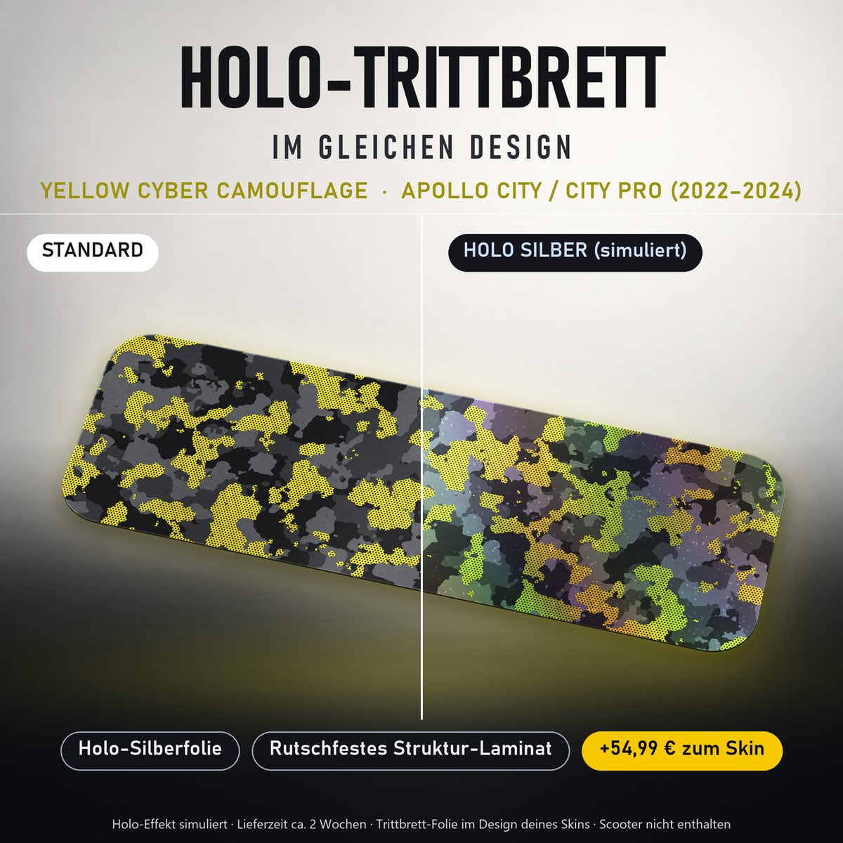 Holo-Trittbrett im gleichen Design – YELLOW CYBER CAMOUFLAGE für APOLLO CITY / CITY PRO (2022–2024), Holo-Effekt simuliert (+54,99 €)