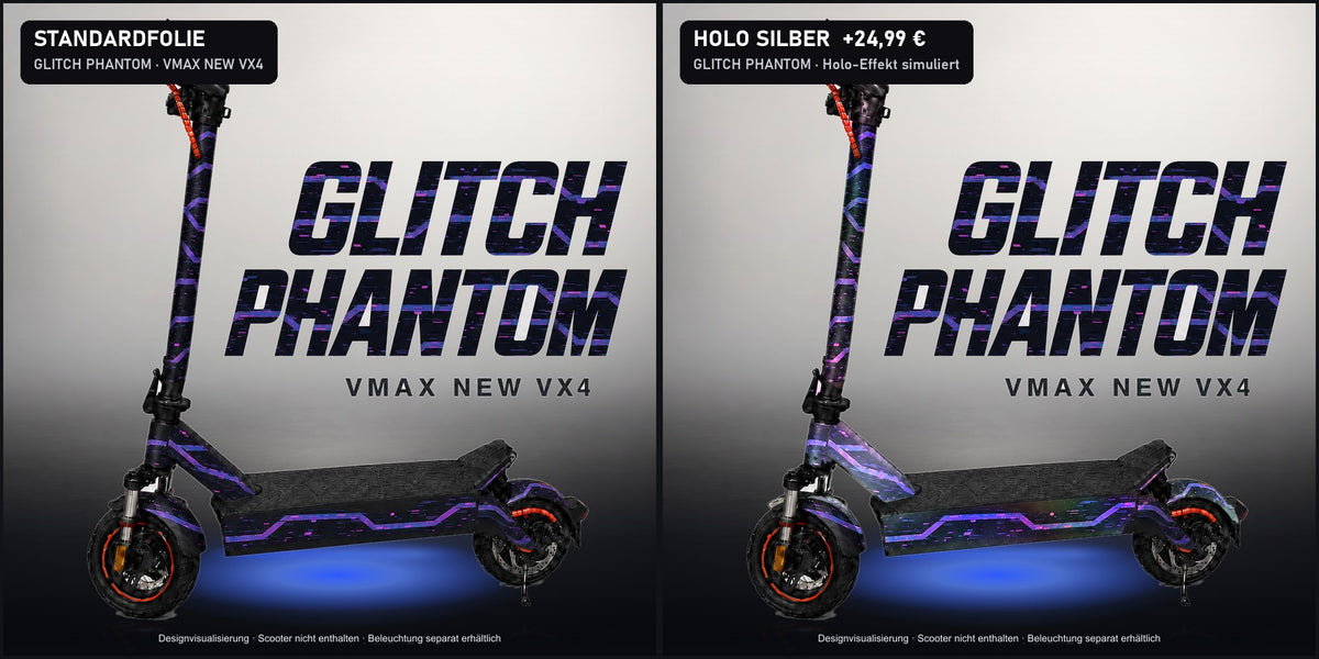 GLITCH PHANTOM am VMAX NEW VX4: Standardfolie und Holo Silber im Vergleich. Holo-Effekt simuliert, Scooter nicht enthalten.