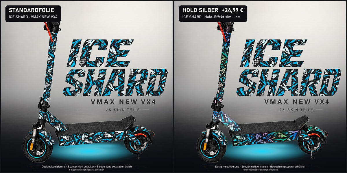 ICE SHARD am VMAX NEW VX4: Standardfolie und Holo Silber im Vergleich. Holo-Effekt simuliert, Scooter nicht enthalten.