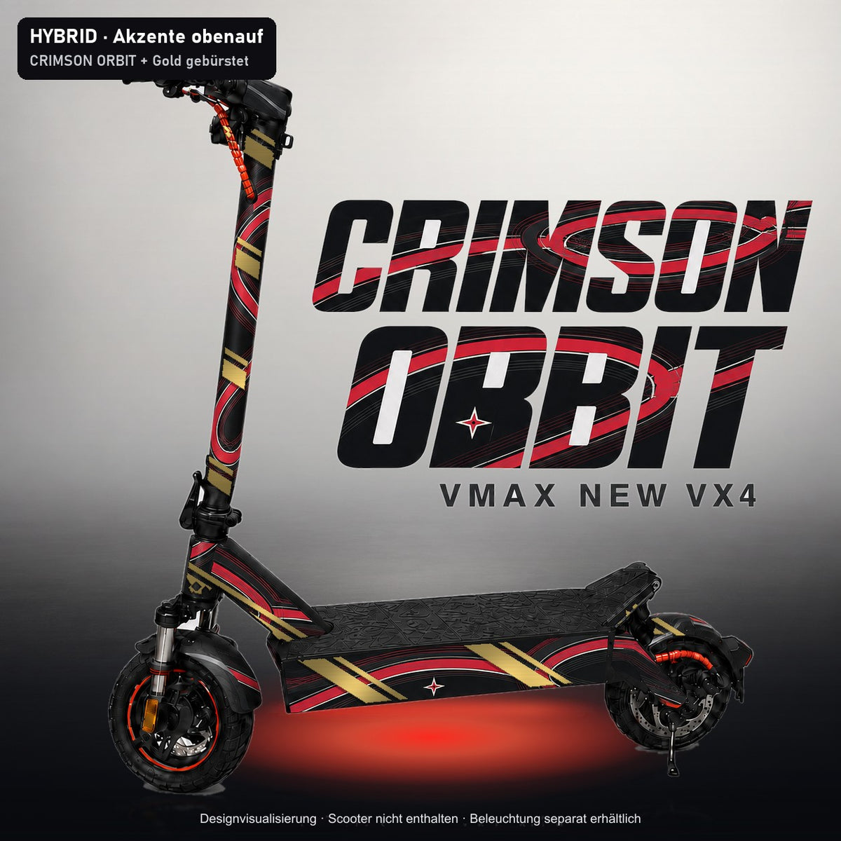 Beispiel: CRIMSON ORBIT mit Akzentstreifen aus Gold gebürstet, Visualisierung
