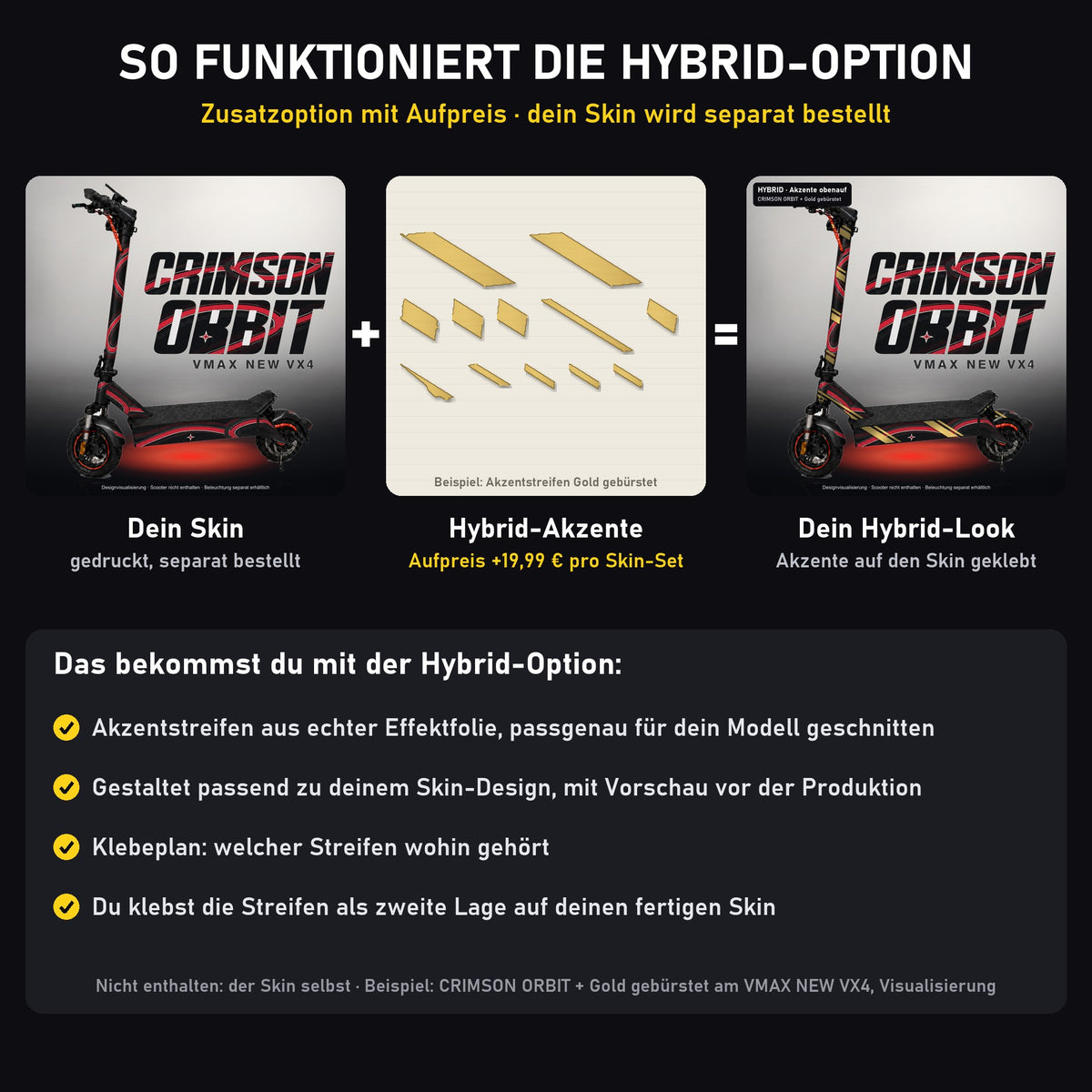 So funktioniert die Hybrid-Option: dein Skin plus Akzentstreifen aus Effektfolie, Aufpreis 19,99 Euro pro Skin-Set