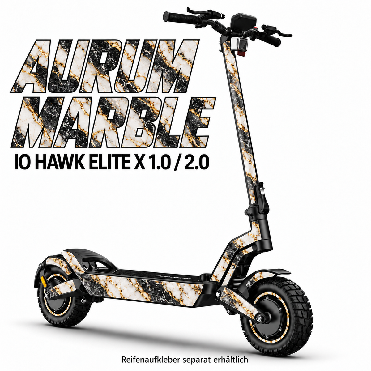 IO HAWK ELITE X 1.0 / 2.0 SKIN | AURUM MARBLE – Designvisualisierung; Scooter nicht enthalten. Reifenaufkleber separat erhältlich.