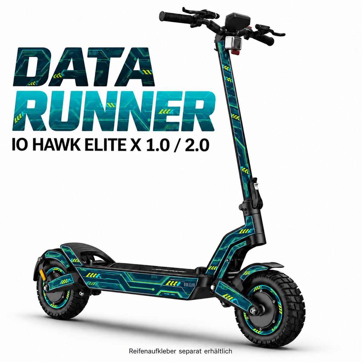 IO HAWK ELITE X 1.0 / 2.0 SKIN | DATA RUNNER – Designvisualisierung; Scooter nicht enthalten. Reifenaufkleber separat erhältlich.