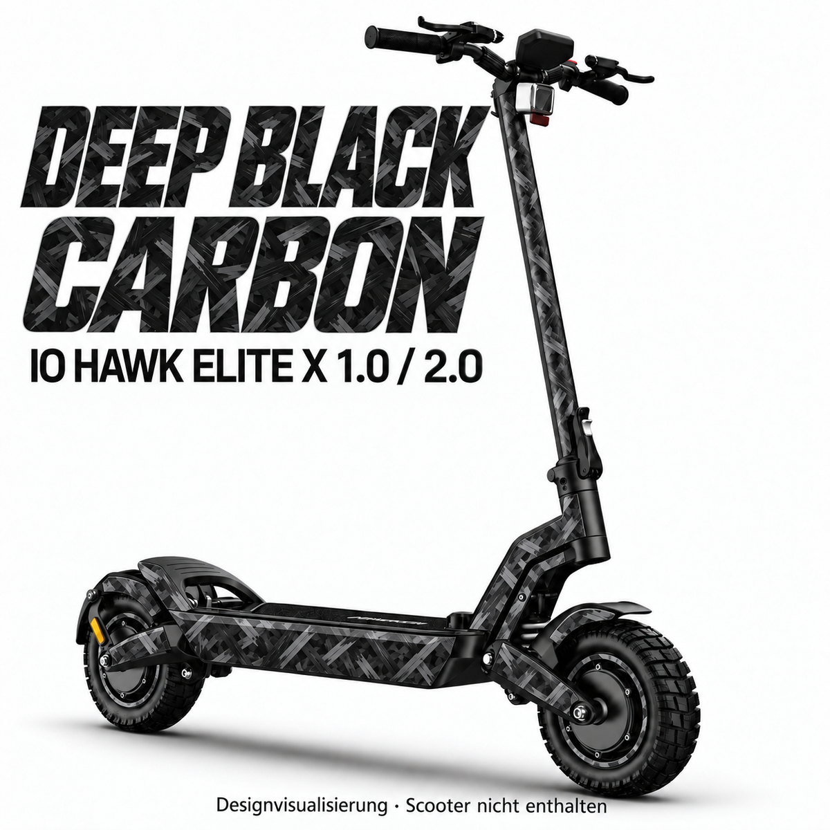 IO HAWK Elite X 1.0 / 2.0 Skin DEEP BLACK CARBON – Designvisualisierung. Reifenaufkleber separat erhältlich. Scooter nicht enthalten.