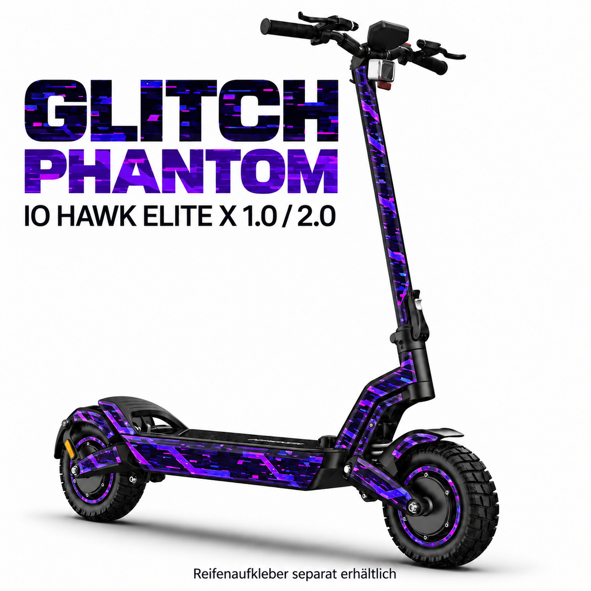 IO HAWK ELITE X 1.0 / 2.0 SKIN | GLITCH PHANTOM – Designvisualisierung; Scooter nicht enthalten. Reifenaufkleber separat erhältlich.
