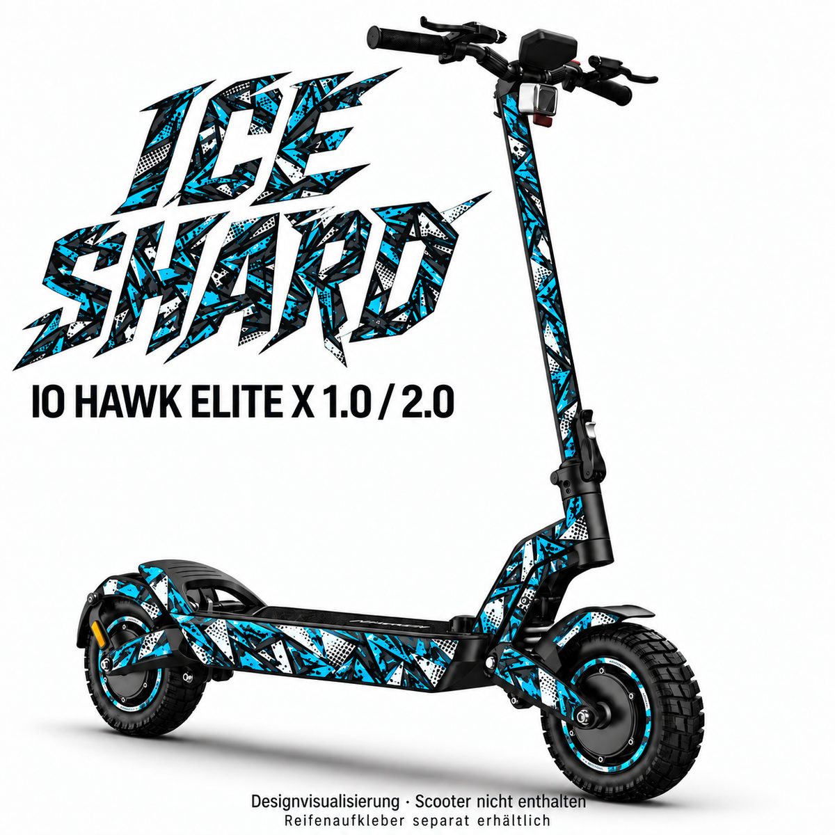 IO HAWK ELITE X 1.0 / 2.0 SKIN | ICE SHARD – Designvisualisierung; Scooter nicht enthalten. Reifenaufkleber separat erhältlich.