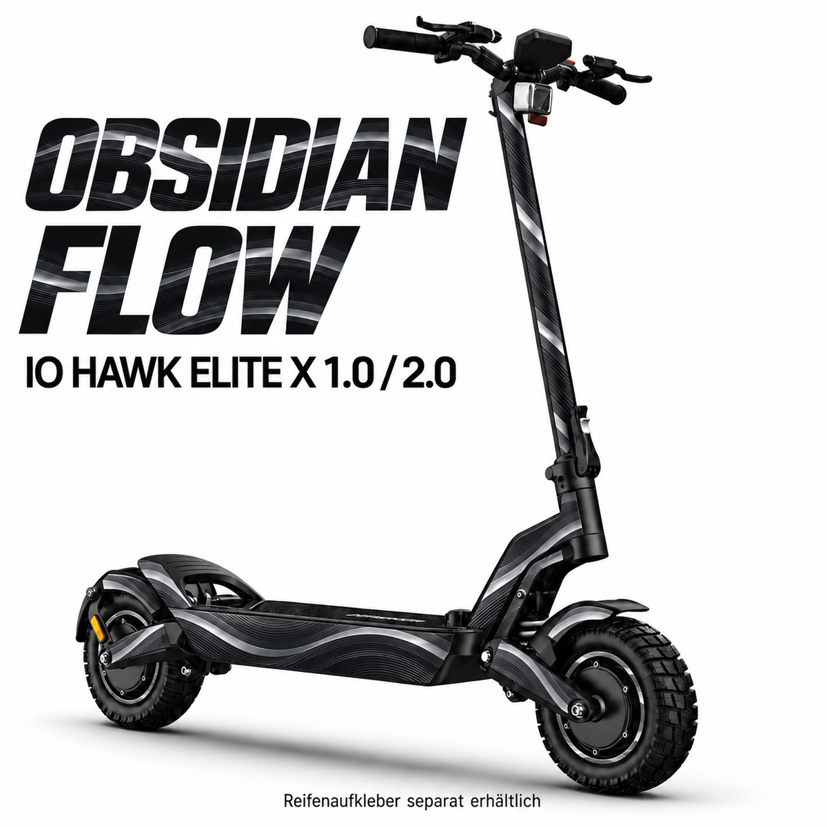 IO HAWK ELITE X 1.0 / 2.0 SKIN | OBSIDIAN FLOW – Designvisualisierung; Scooter nicht enthalten. Reifenaufkleber separat erhältlich.