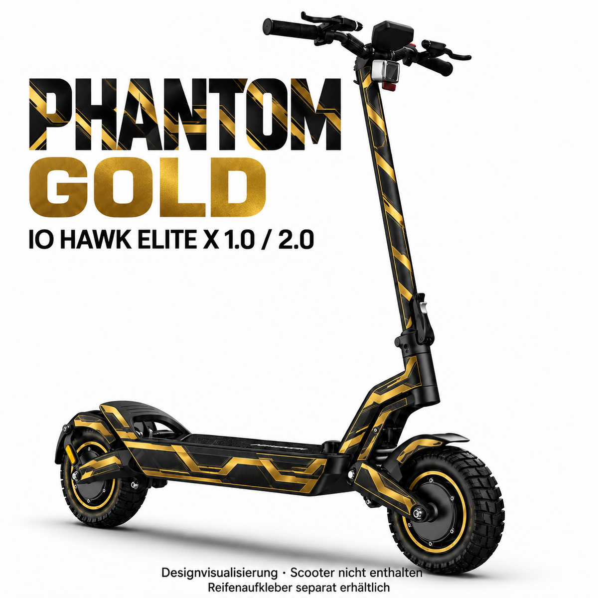 IO HAWK ELITE X 1.0 / 2.0 SKIN | PHANTOM GOLD – Designvisualisierung; Scooter nicht enthalten. Reifenaufkleber separat erhältlich.