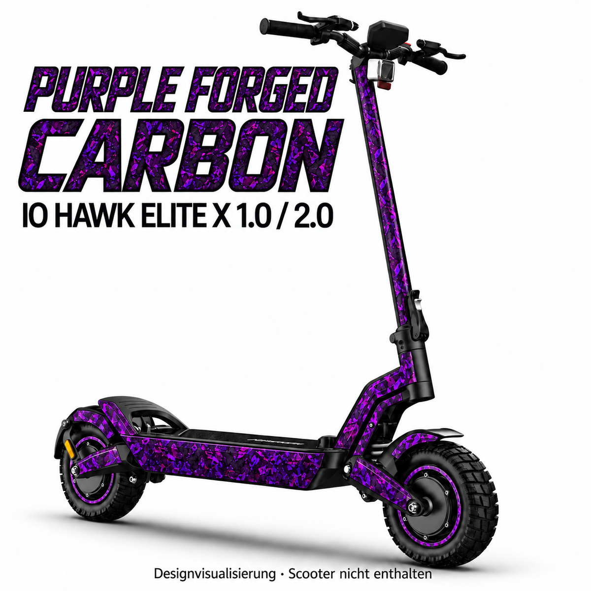 IO HAWK Elite X 1.0 / 2.0 Skin PURPLE FORGED CARBON – Designvisualisierung. Reifenaufkleber separat erhältlich. Scooter nicht enthalten.