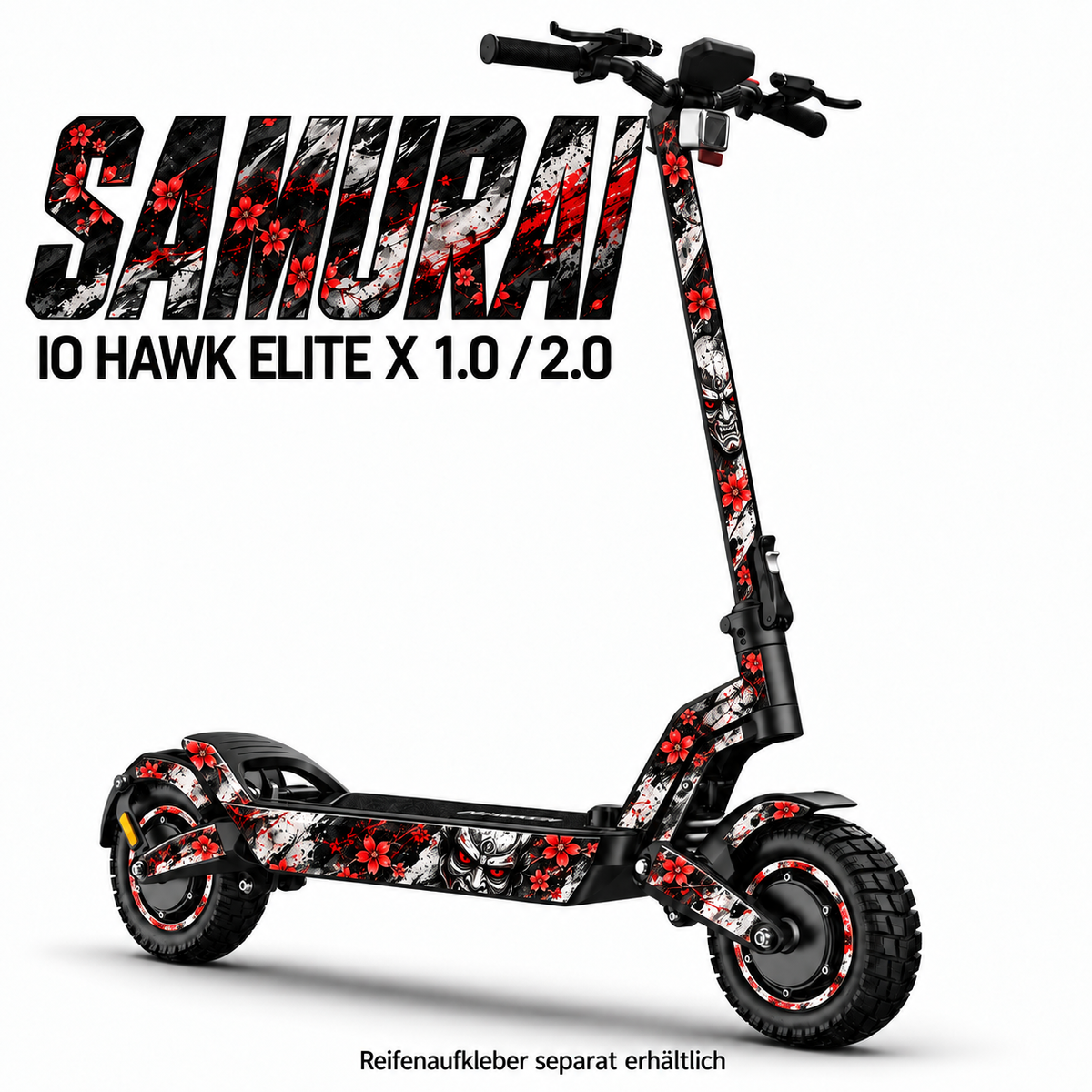 IO HAWK ELITE X 1.0 / 2.0 SKIN | SAMURAI – Designvisualisierung; Scooter nicht enthalten. Reifenaufkleber separat erhältlich.