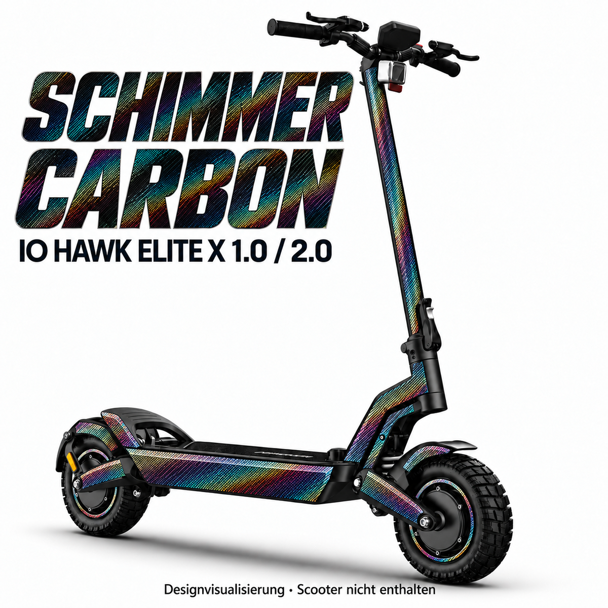 IO HAWK Elite X 1.0 / 2.0 Skin SCHIMMER CARBON – Designvisualisierung. Reifenaufkleber separat erhältlich. Scooter nicht enthalten.